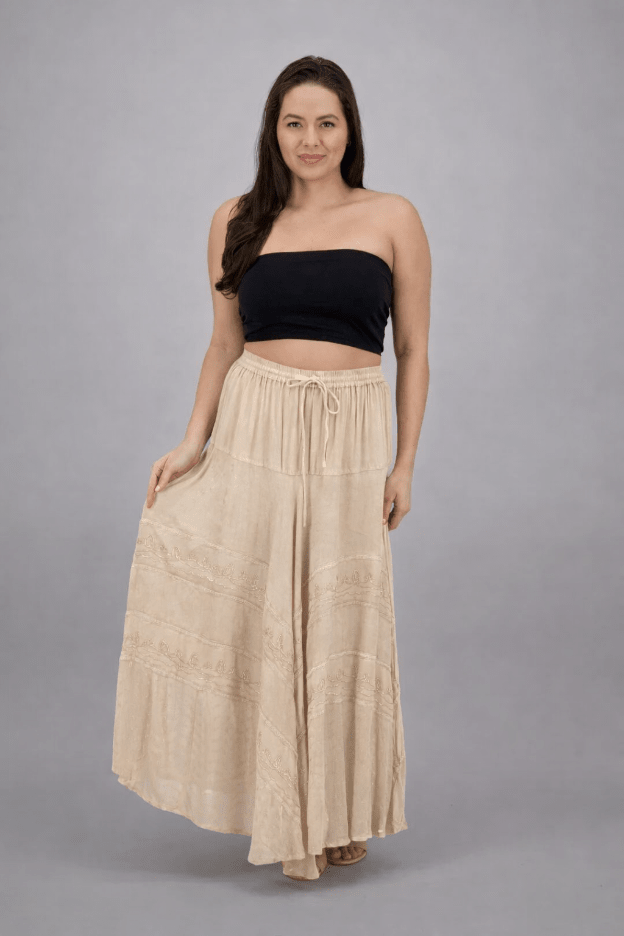 13222 Bohemian Embroidered Maxi Skirt – Adjustable Wais - Advance Apparels Inc
