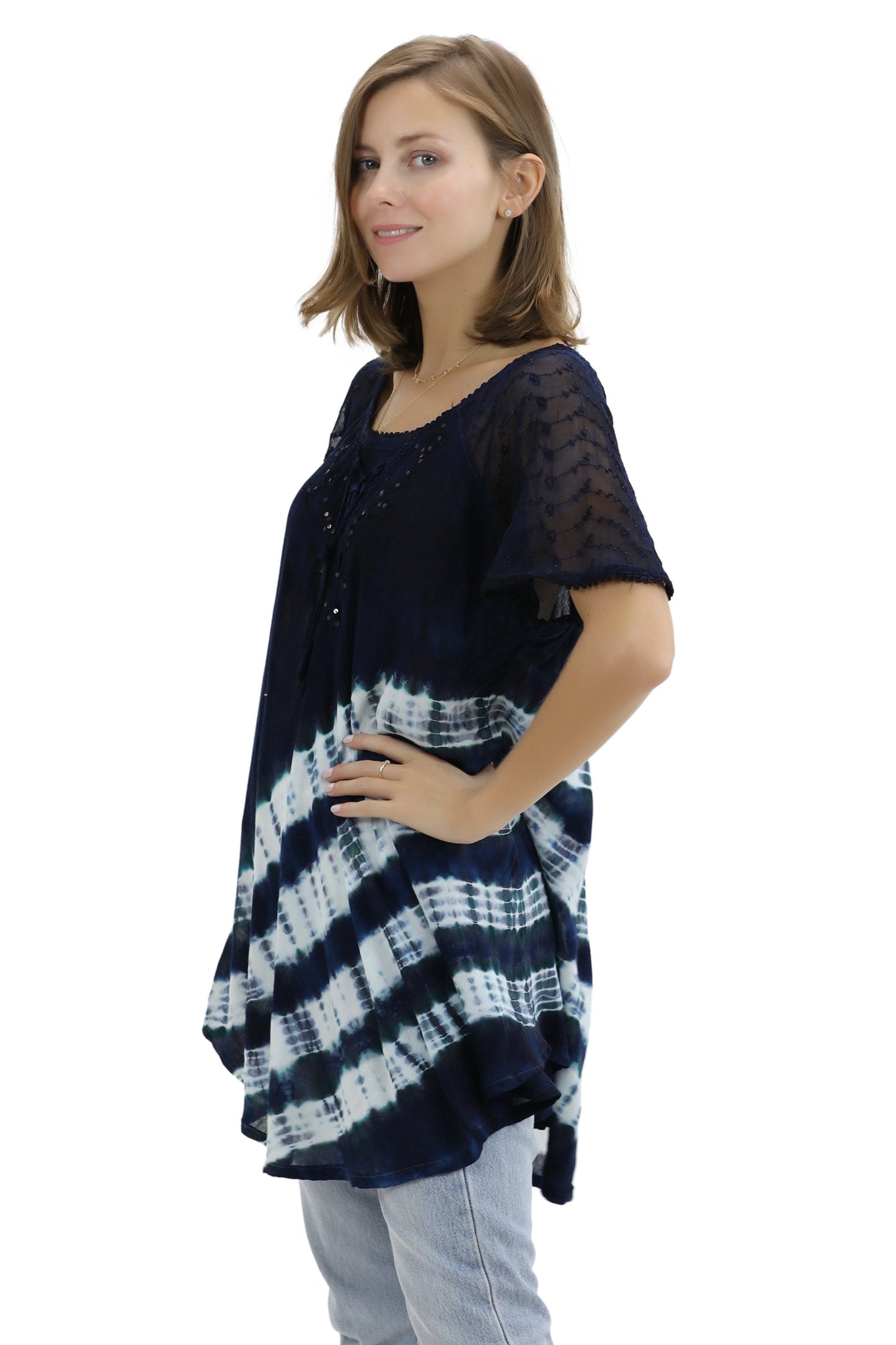 Diagonal Striped Tie-Dye Cap Sleeve Blouse 18726