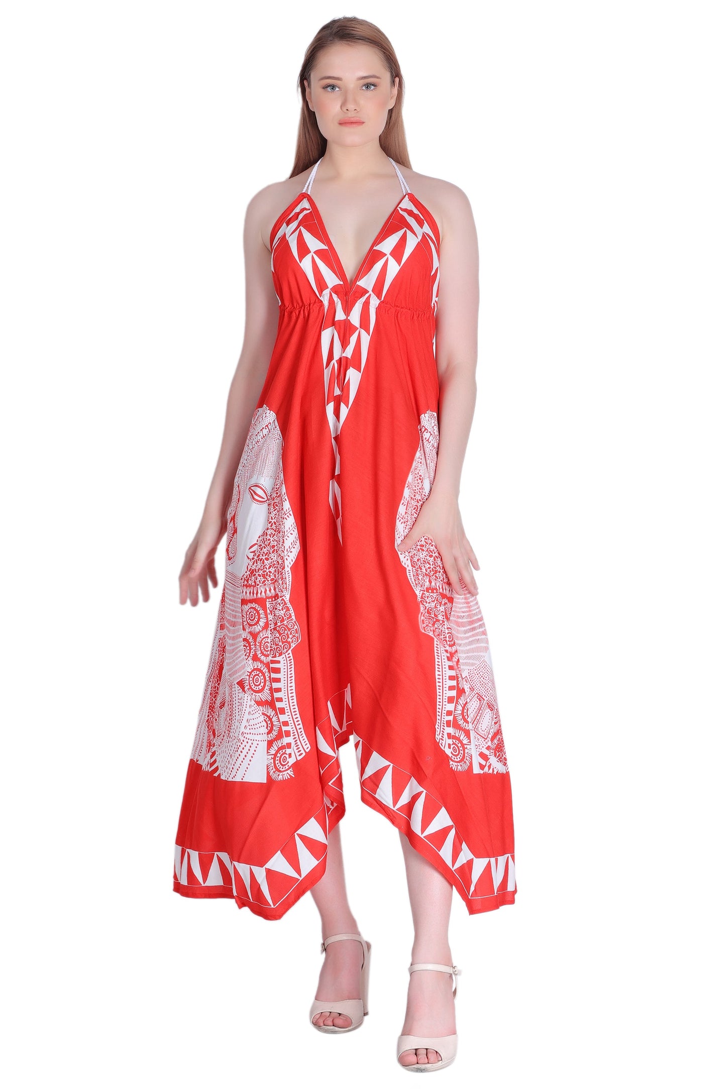 Long Geometric Print Halter Dress 1950