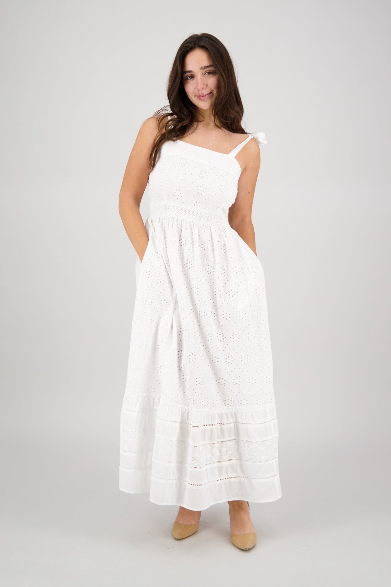 White Summer Dress with Bow Straps 100% Cotton Eyelet Dress White / S/M White Summer Dress with Bow Straps 100% Cotton Eyelet Dress White / S/M