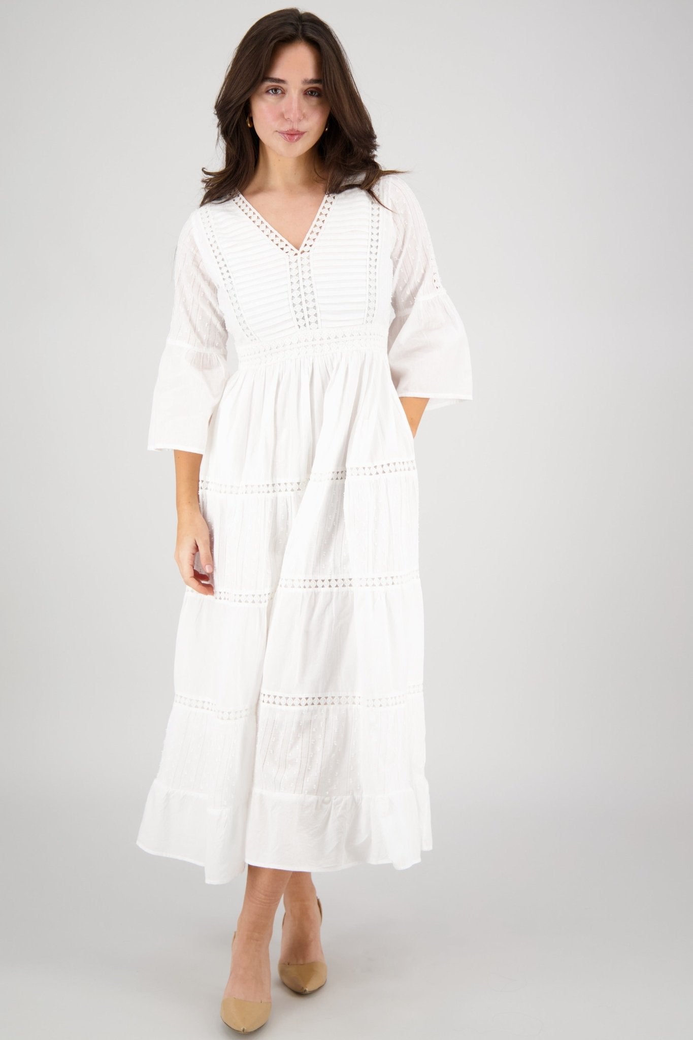 White Summer Dress with Sleeves – 100% Cotton Resort Maxi – Advance