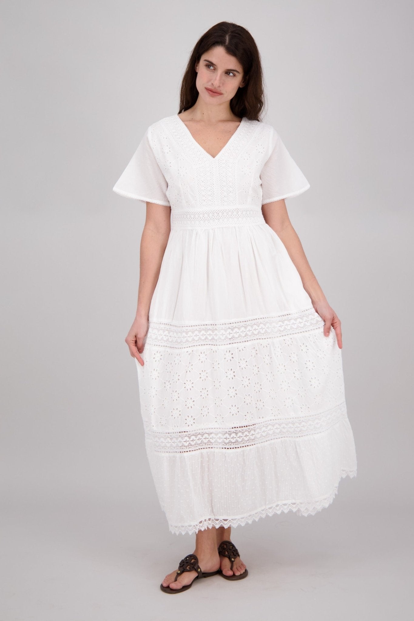 White Summer Dress with Eyelet Embroidery Cotton Resort Maxi White / L/XL White Summer Dress with Eyelet Embroidery Cotton Resort Maxi White / L/XL