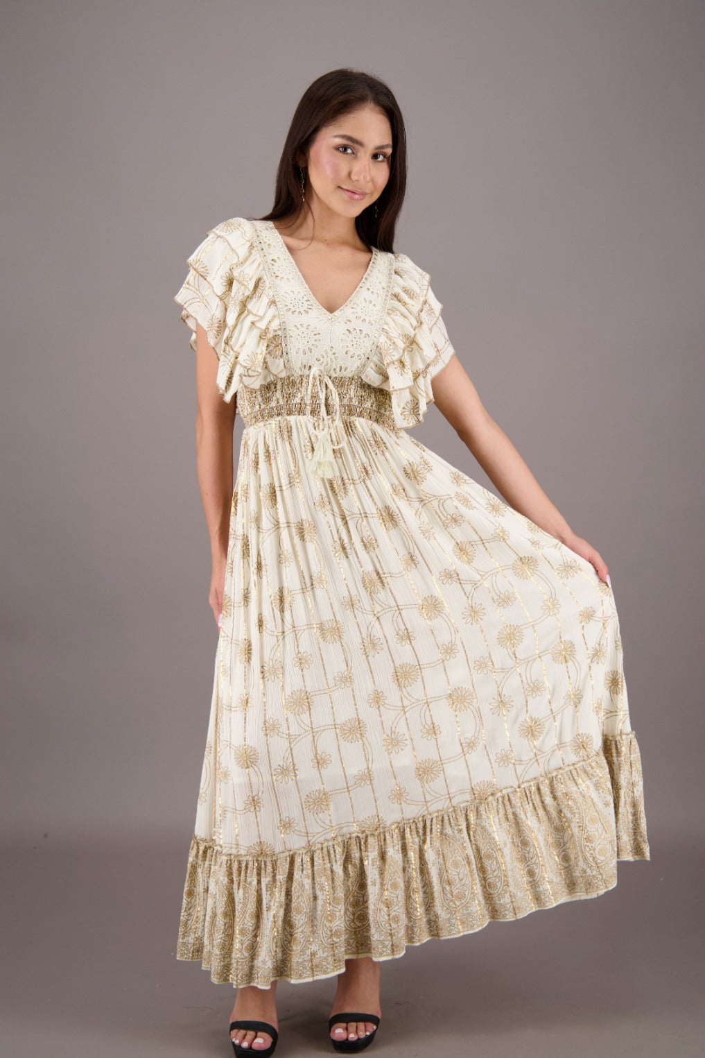 Ruffle Sleeve Boho Maxi Dress Golden Floral & Border Print C1 / S/M Ruffle Sleeve Boho Maxi Dress Golden Floral & Border Print C1 / S/M