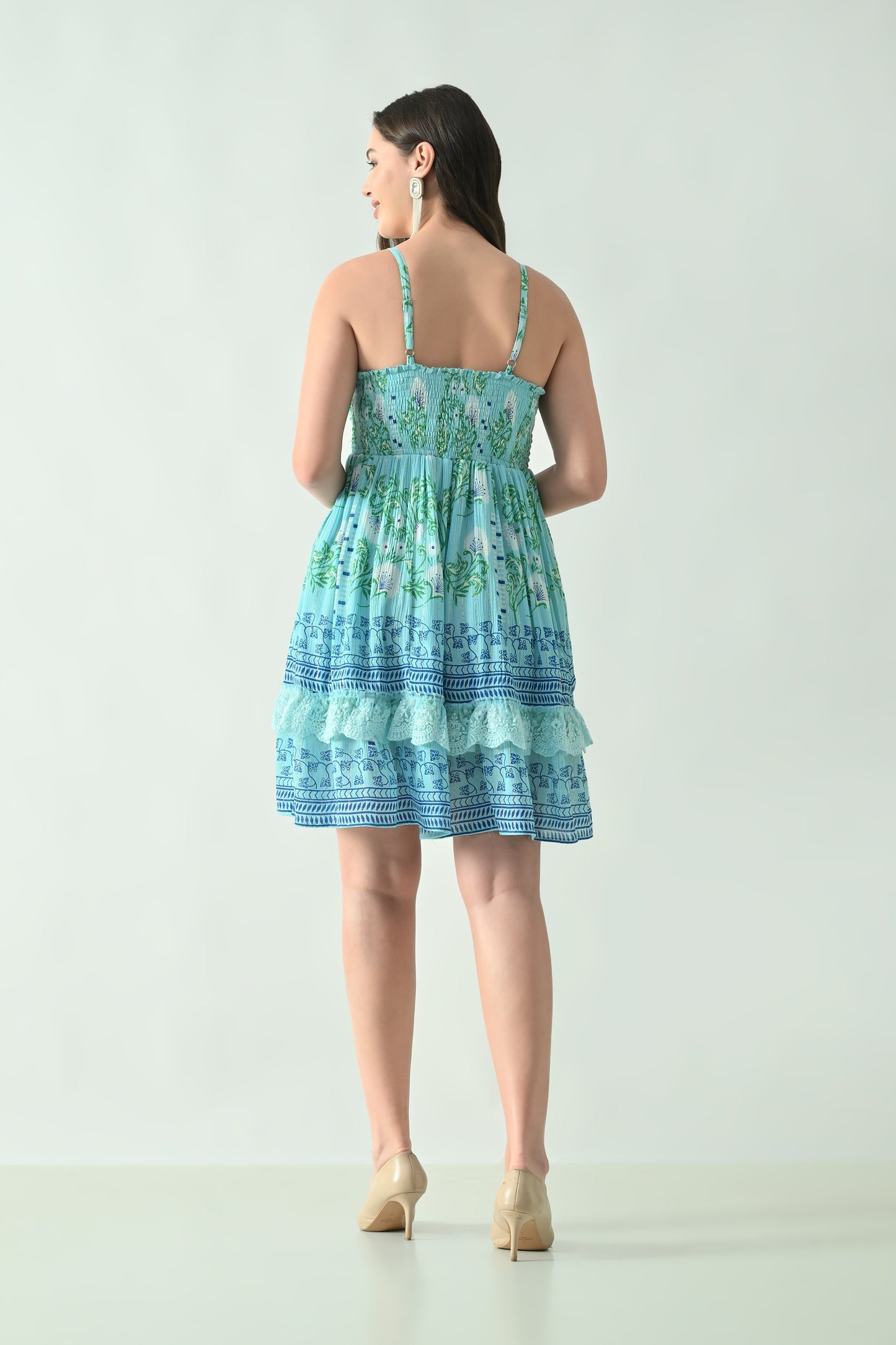 26464 Printed V-Neck Tiered Mini Dress with Lace Detail – Rayon