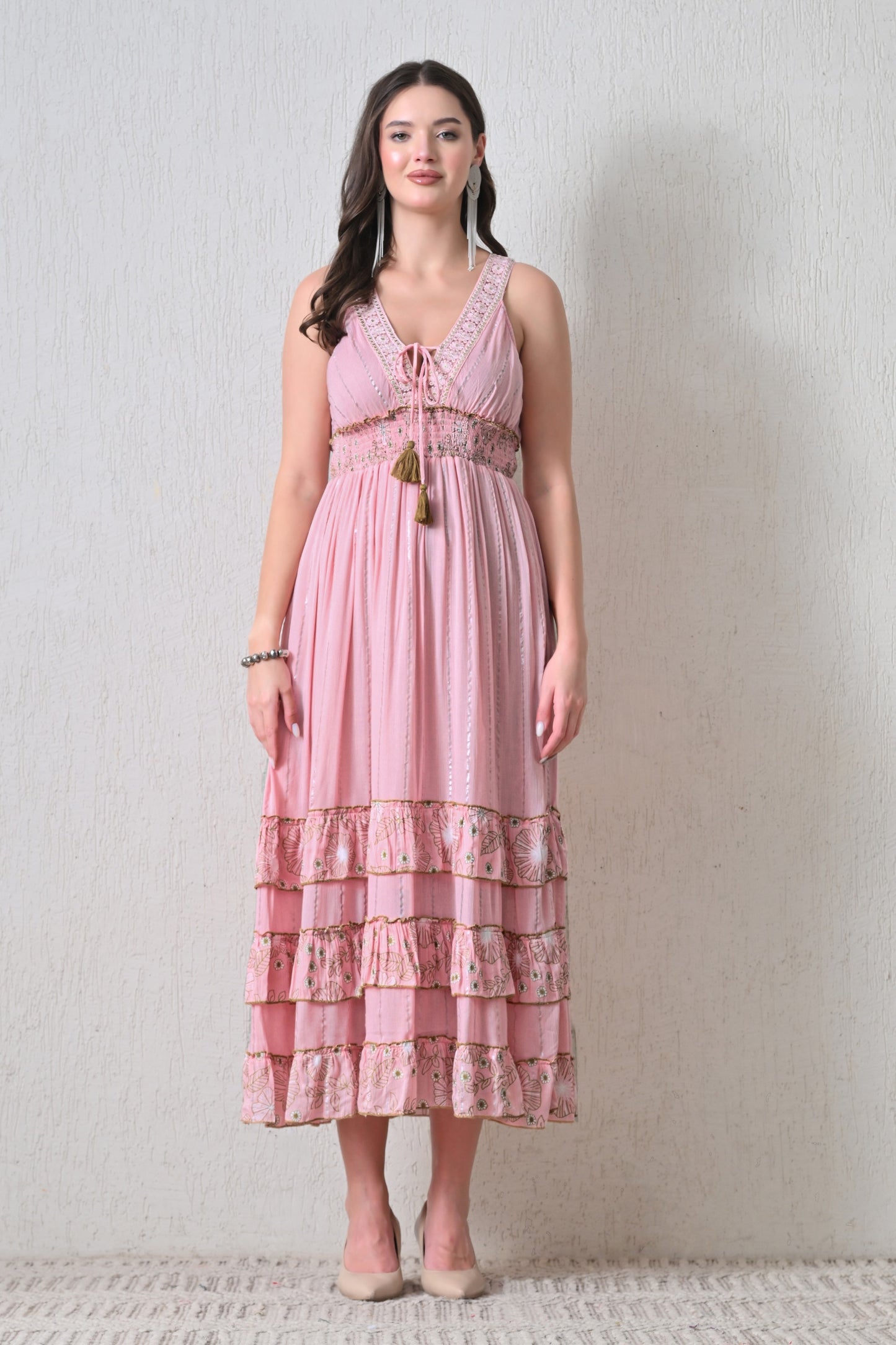 26401 Bohemian Lace Panel Tiered Maxi Dress