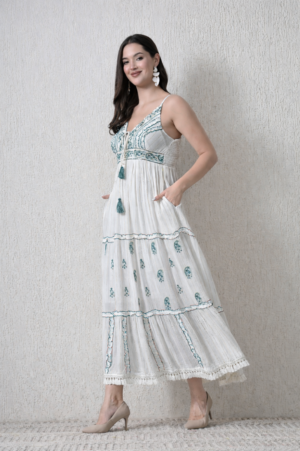 26414 Bohemian Embroidered Tiered Maxi Dress – Sleeveless V-Neck Summer Dress