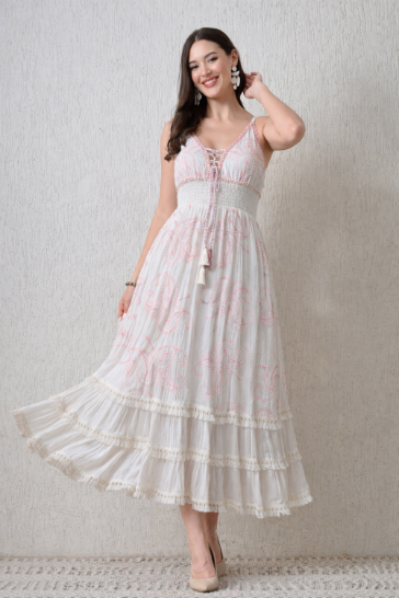 26415 Bohemian Paisley Embroidered Maxi Dress – Smocked Waist Tiered Dress