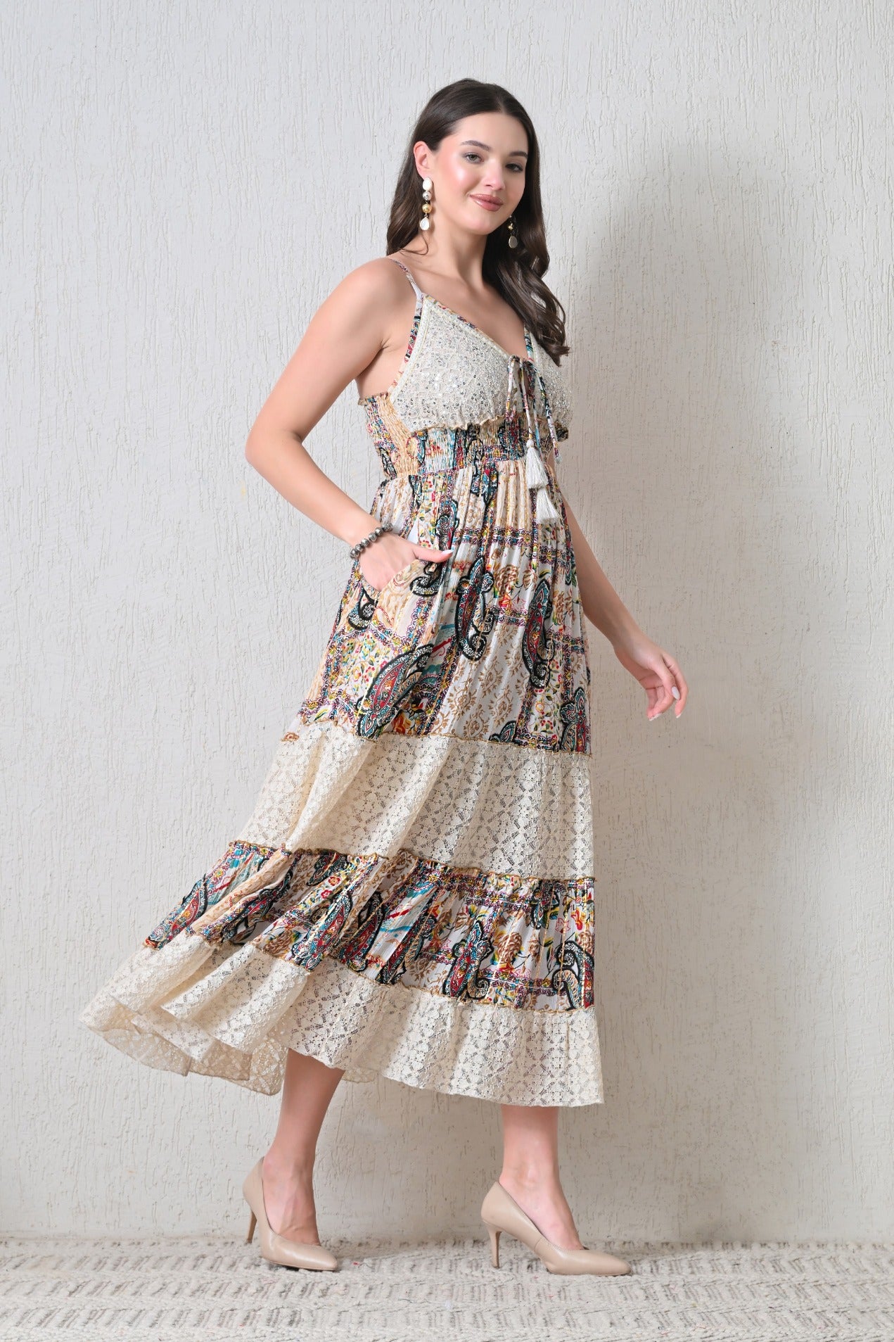26417 Bohemian Paisley Lace Tiered Maxi Dress with Tassel Tie