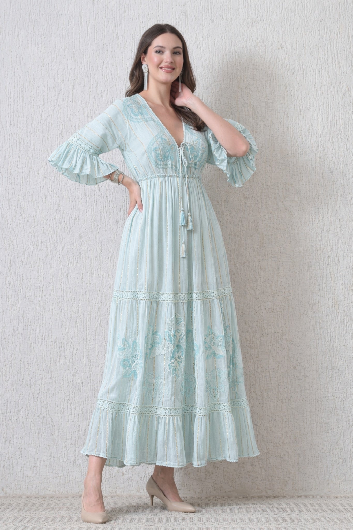 26425 Embroidered Boho Maxi Dress – Assorted Colors with Gold Stripe Detail