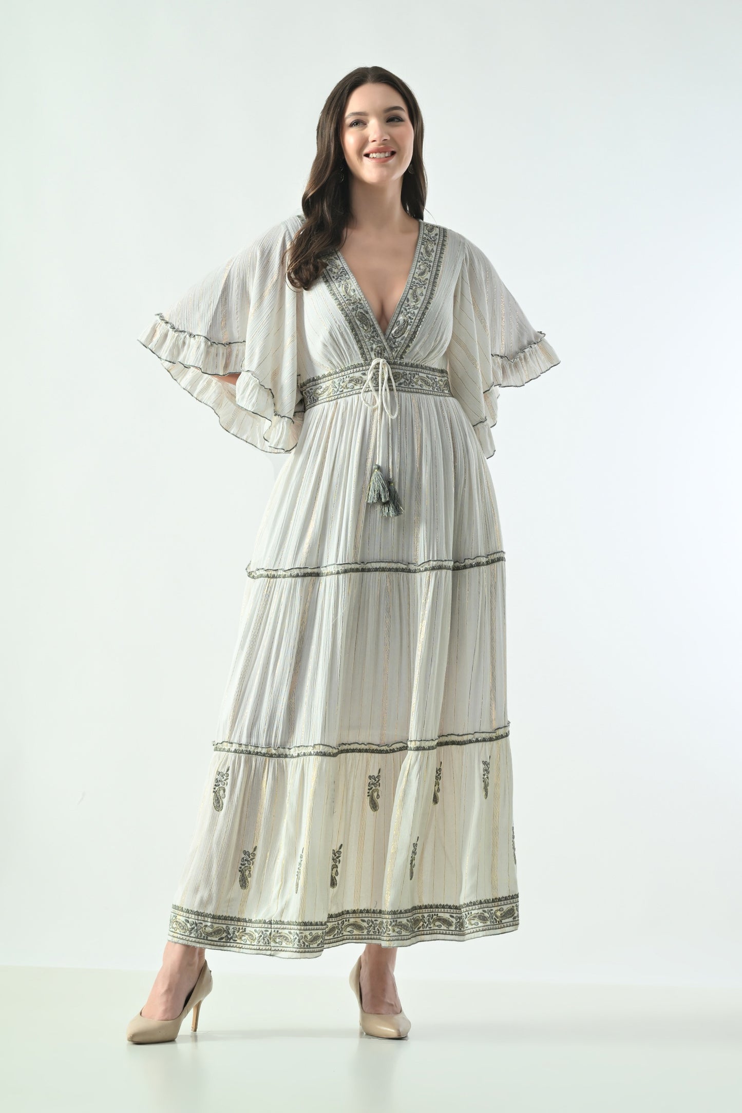 26434 Boho Embroidered Maxi Dress with Flutter Sleeves – V-Neck Tassel Tie Dress