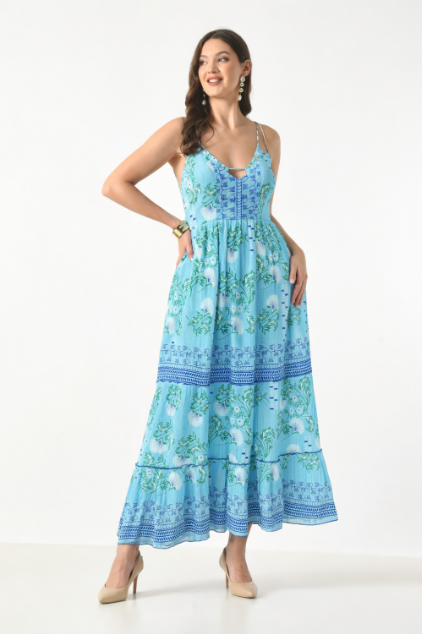 26419 Bohemian Floral Print Tiered Maxi Dress with Spaghetti Straps
