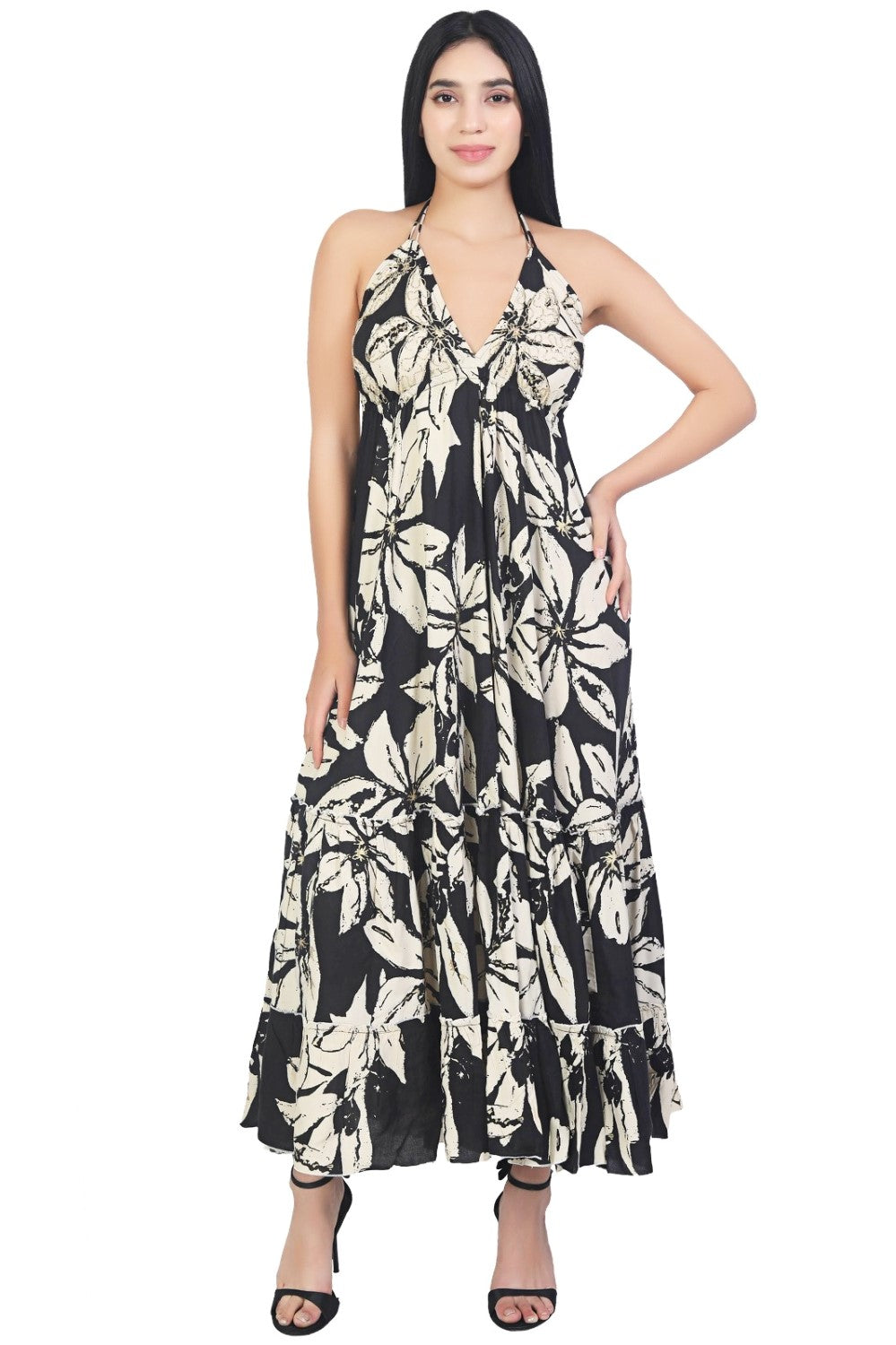 26480 Boho Halter Neck Maxi Dress with Open Back & Tassel Tie Detail – Black & Ivory Floral Print