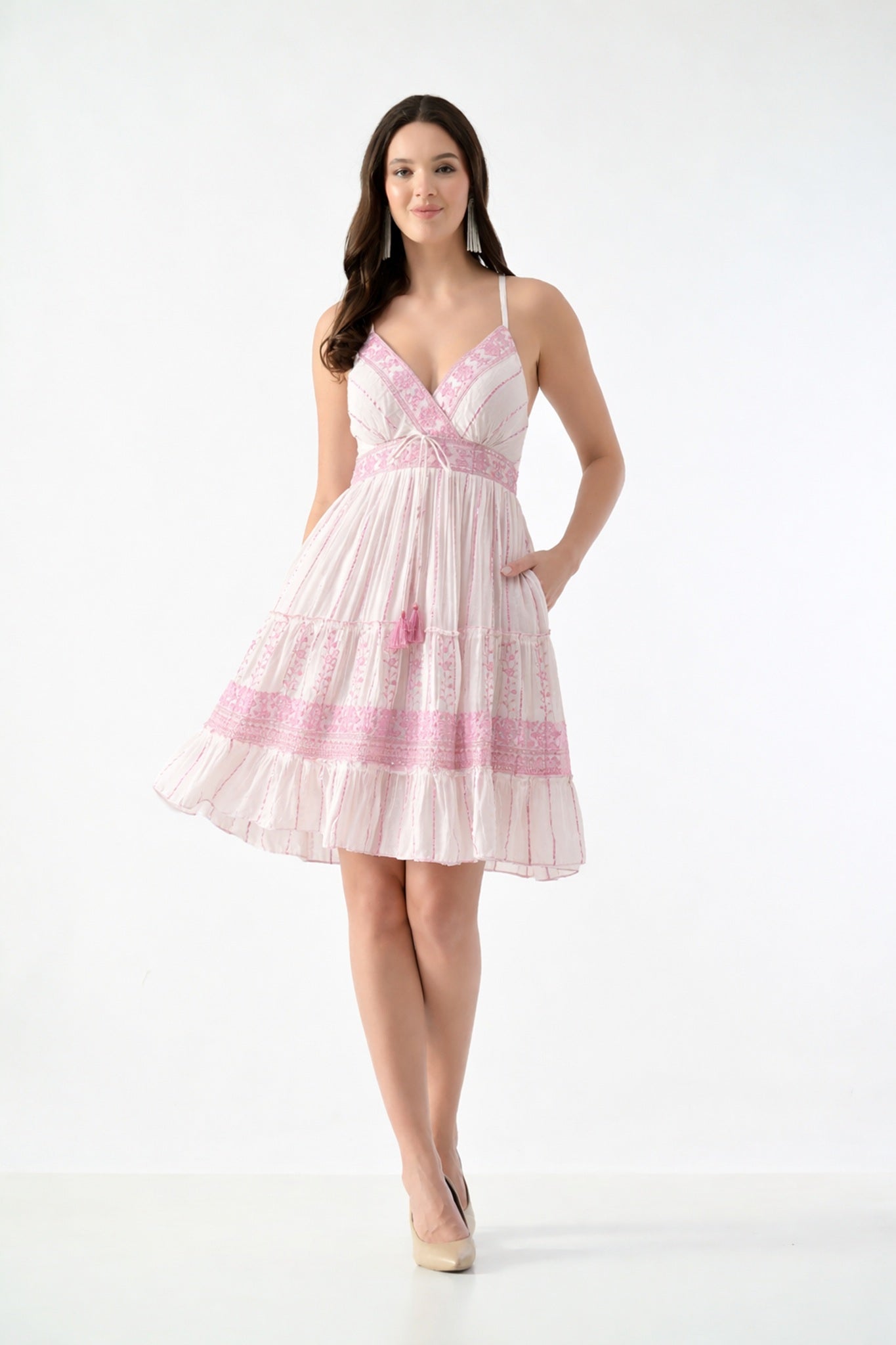 26469 Embroidered V-Neck Rayon Mini Dress with Adjustable Tie Waist