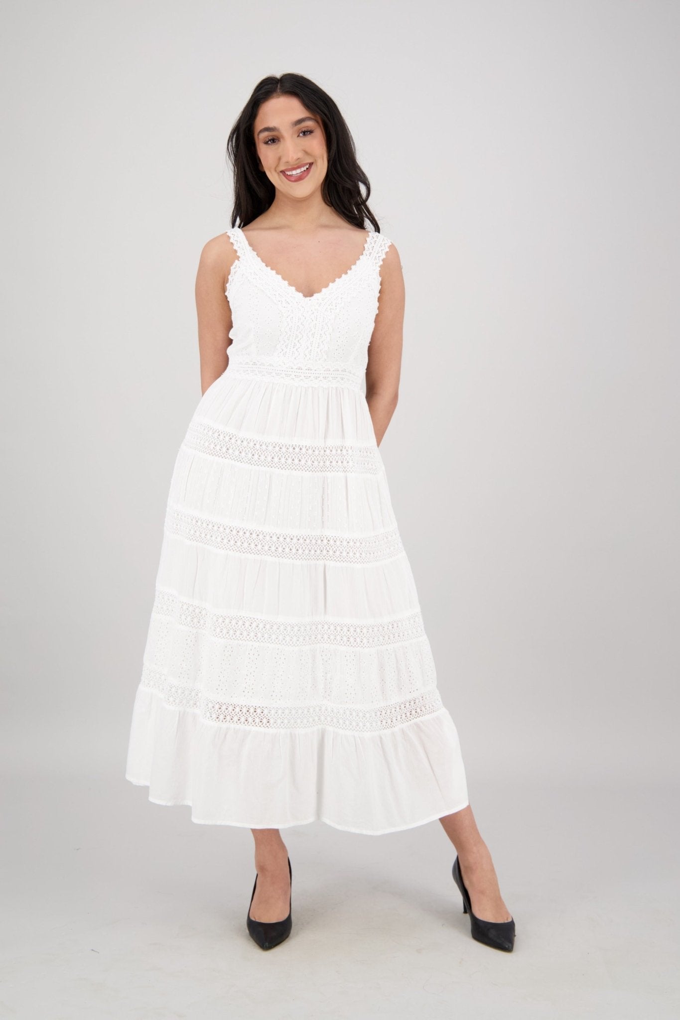 White Summer Dress with Eyelet Embroidery Cotton Resortwear White / S/M White Summer Dress with Eyelet Embroidery Cotton Resortwear White / S/M