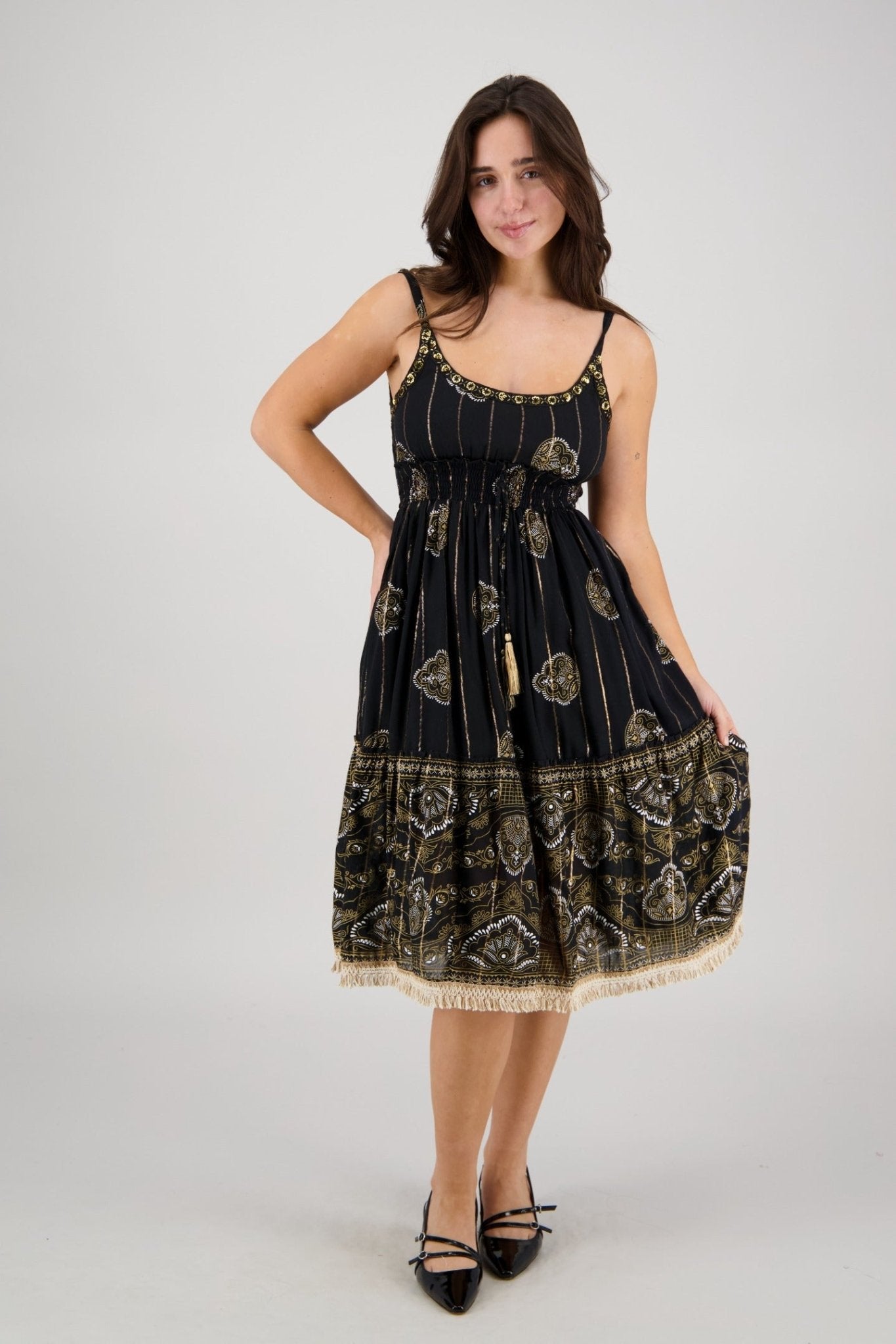 Bohemian Festival Dresses Lurex Rayon Tassel Midi Dress C1 / L/XL Bohemian Festival Dresses Lurex Rayon Tassel Midi Dress C1 / L/XL