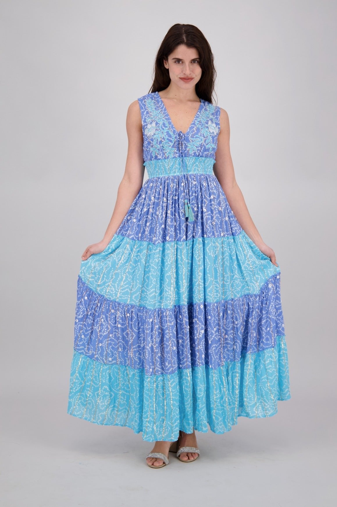 Lurex Boho Dresses in Pastel Tiers | Lightweight Summer Maxi C3 / L/XL Lurex Boho Dresses in Pastel Tiers | Lightweight Summer Maxi C3 / L/XL