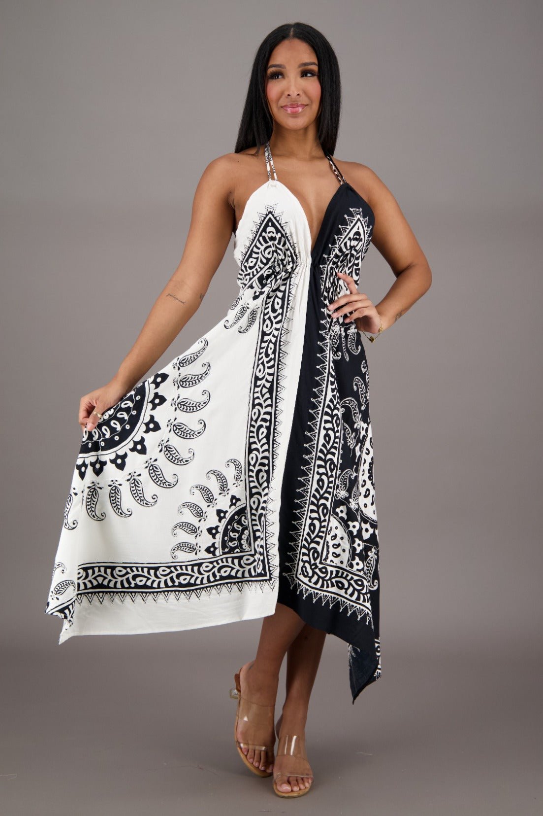 Black + White Batik Scarf Dress 1927 - Advance Apparels Inc