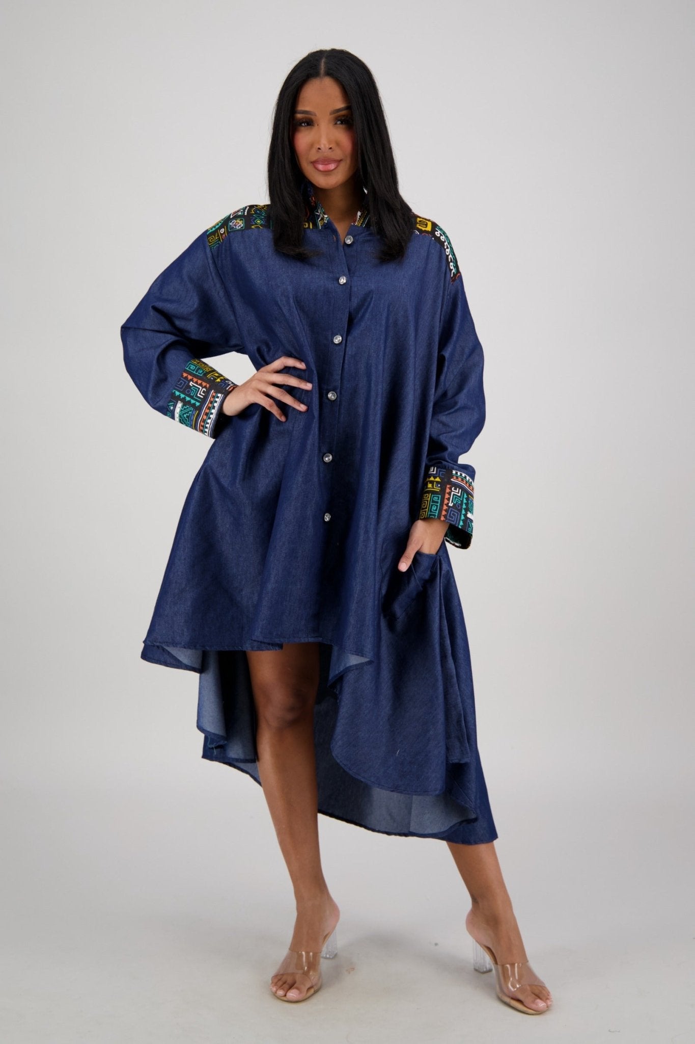 Blue Tribal Accent Denim Dress AD - 25092 - Advance Apparels Inc