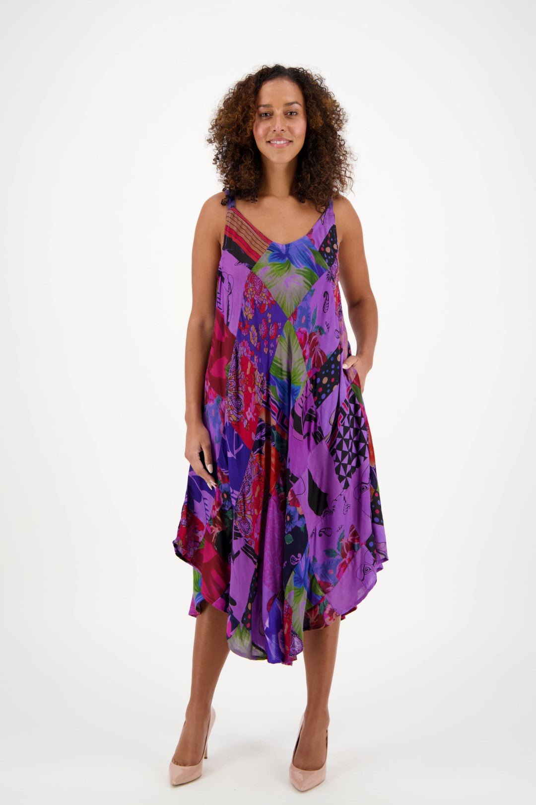 Patchwork Boho Dress | Festival-Ready Middy Dress in Breathable Rayon C4 / One Size Fits Most Patchwork Boho Dress | Festival-Ready Middy Dress in Breathable Rayon C4 / One Size Fits Most