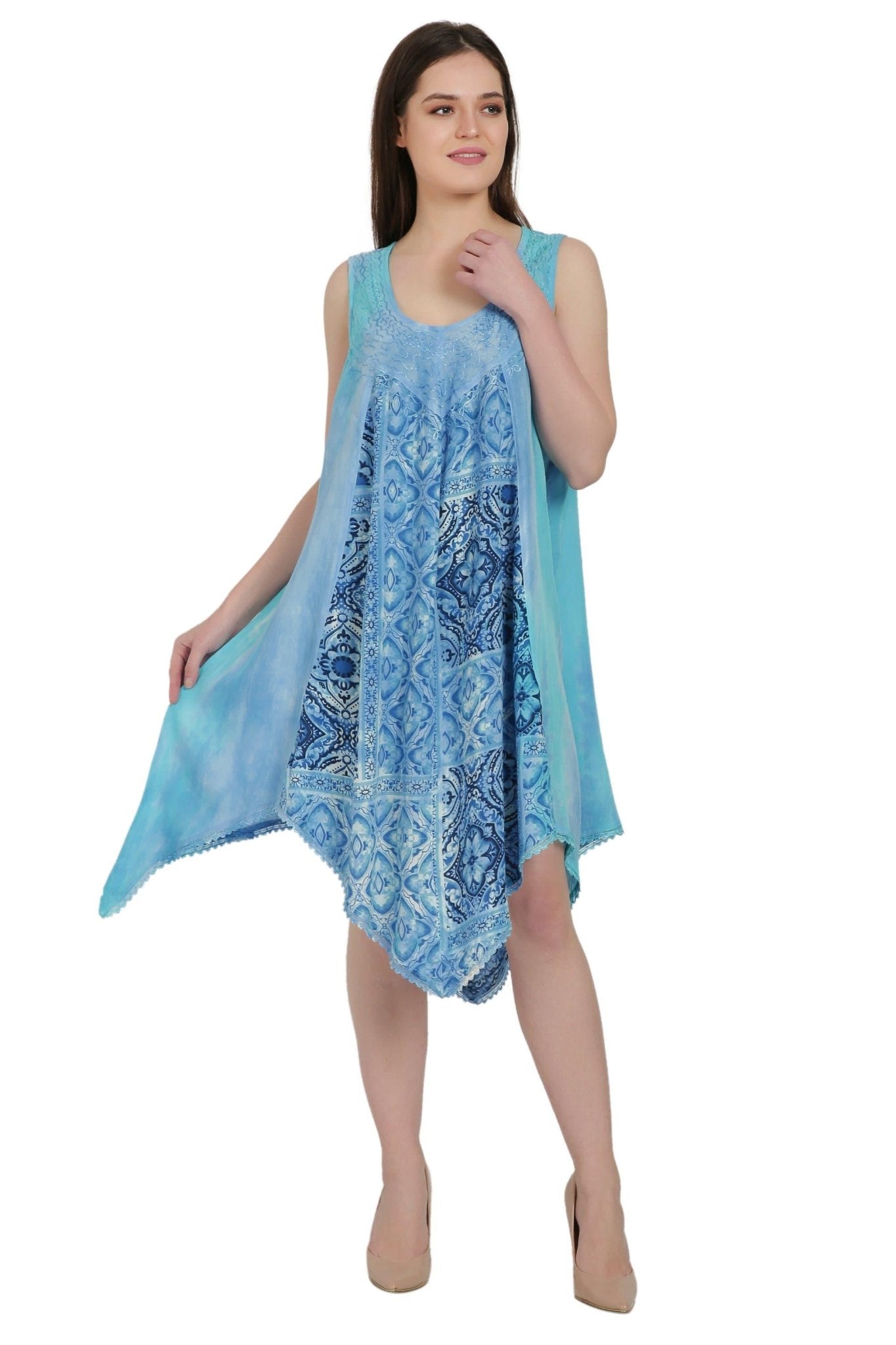 Bohemian Geometric & Tie-Dye Handkerchief Hem Dress