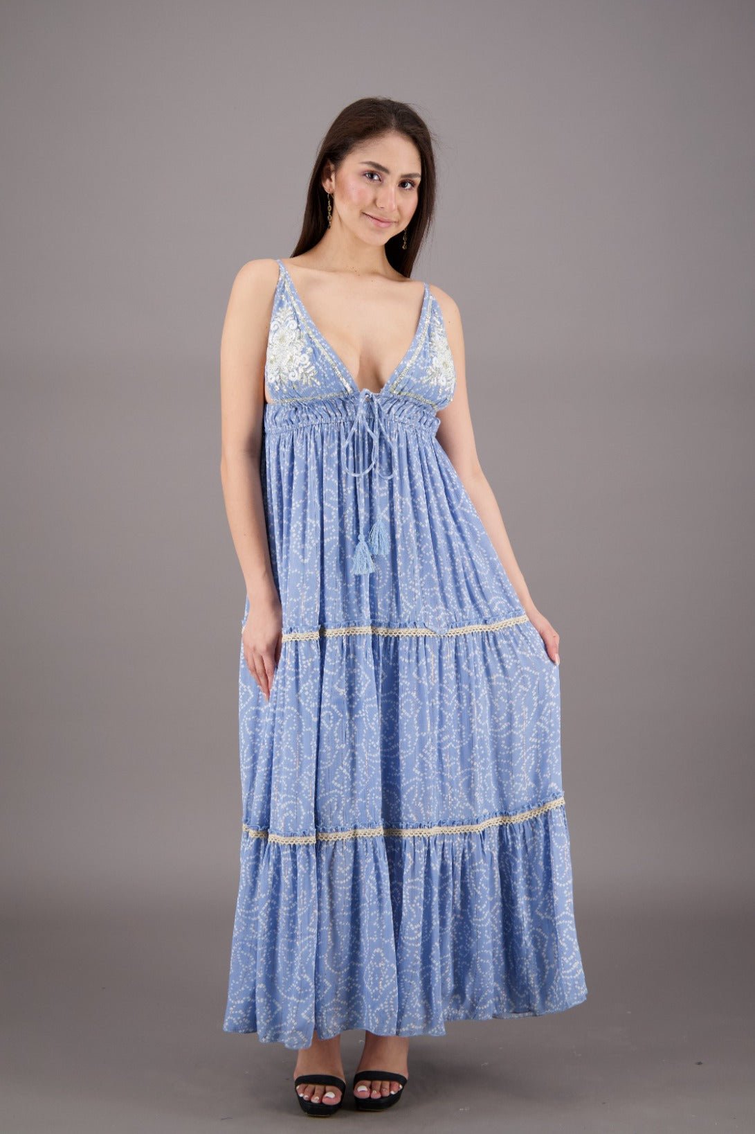 Boho Dress Maxi in Blue | Sleeveless Bohemian Summer Dress | Tiered Lurex Design C1 / 1X/2X Boho Dress Maxi in Blue | Sleeveless Bohemian Summer Dress | Tiered Lurex Design C1 / 1X/2X