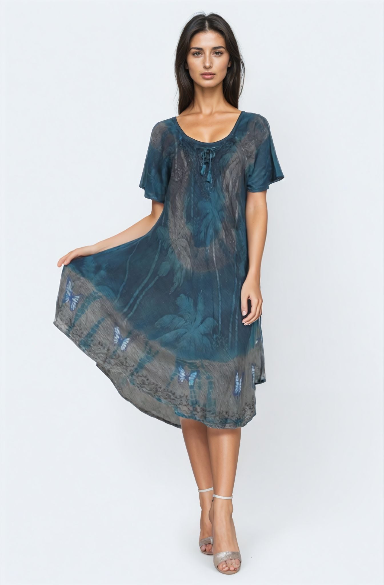 umbrella cocktail dress Organic Cotton Off-Shoulder Loose Fit Midi Dress in Palm Tree Paradise | Women's M