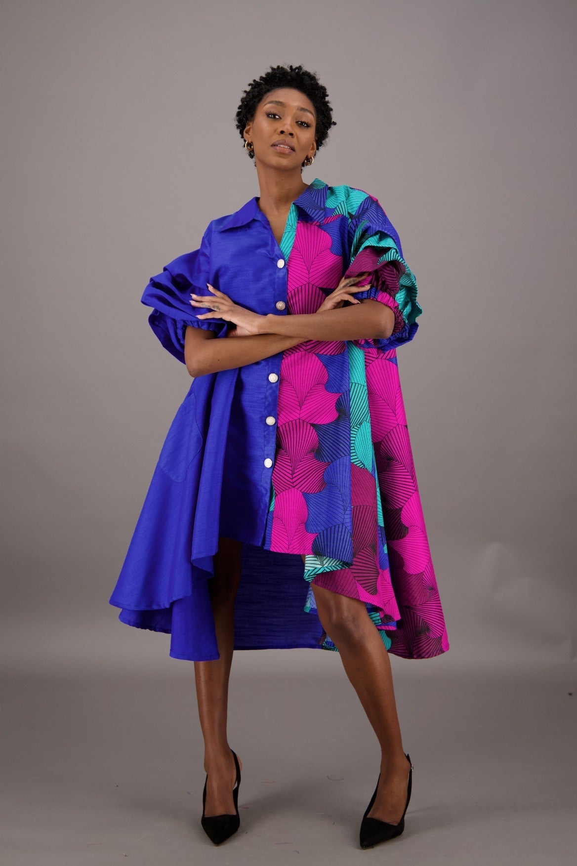 Denim / Print Panel Shirt Dress AD-25057-B081-C2 Advance Apparels Inc Denim / Print Panel Shirt Dress AD-25057-B081-C2 Advance Apparels Inc