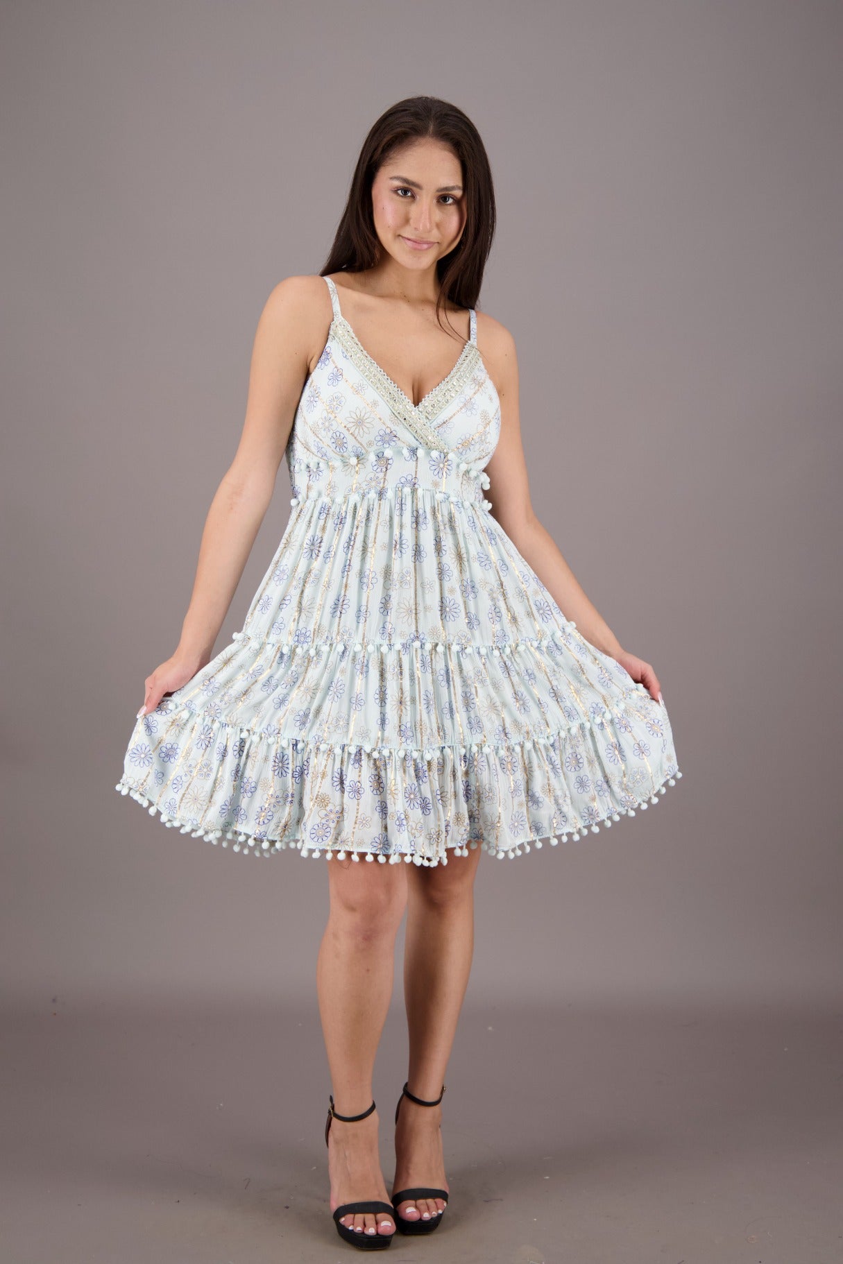 Pom Pom Trim Mini Summer Dress Perfect Vacation Style C3 / L/XL Pom Pom Trim Mini Summer Dress Perfect Vacation Style C3 / L/XL