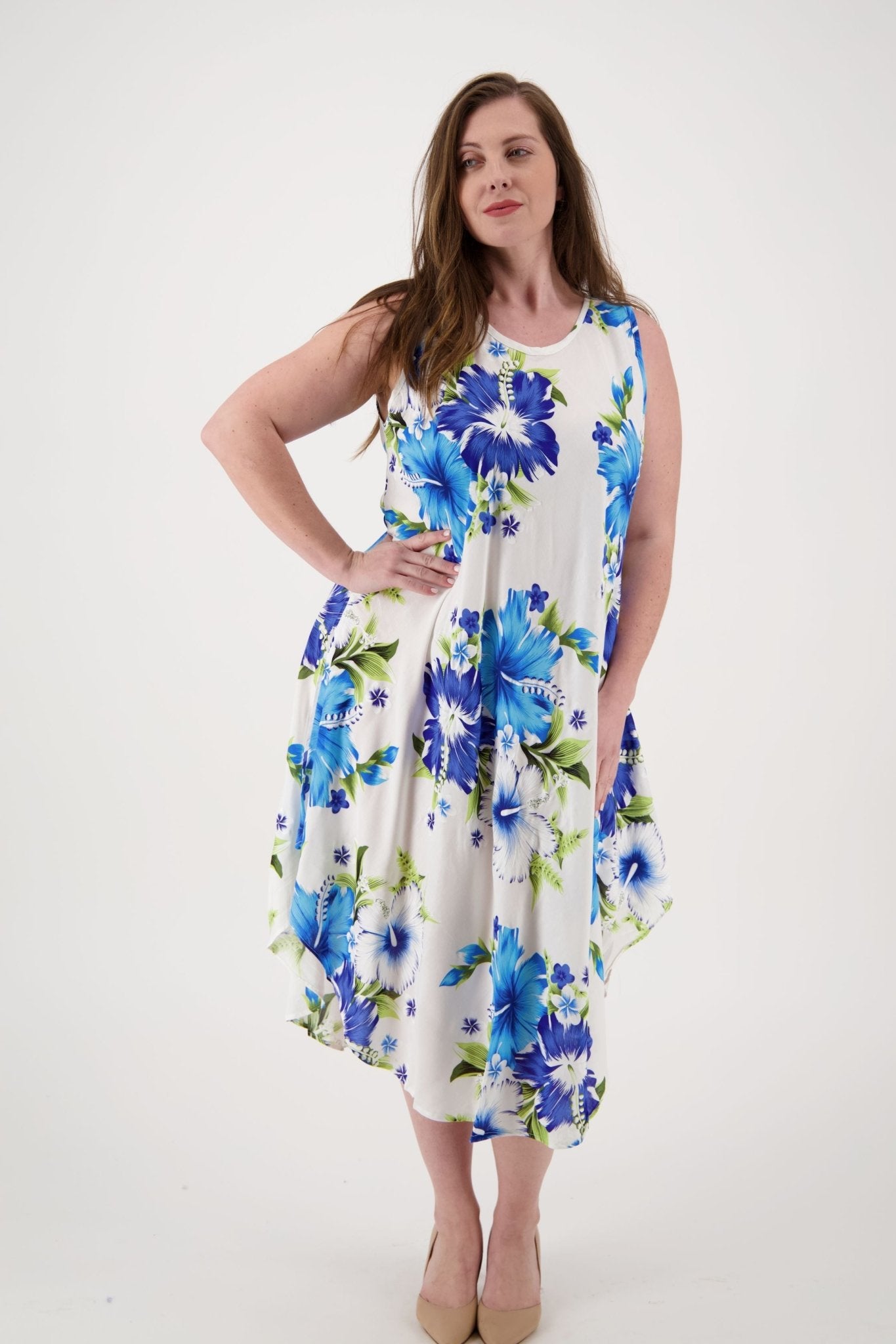 Floral Print Beach Dress One Size Fits Most TH-2501 White/Blue / One Size Fits Most Floral Print Beach Dress One Size Fits Most TH-2501 White/Blue / One Size Fits Most