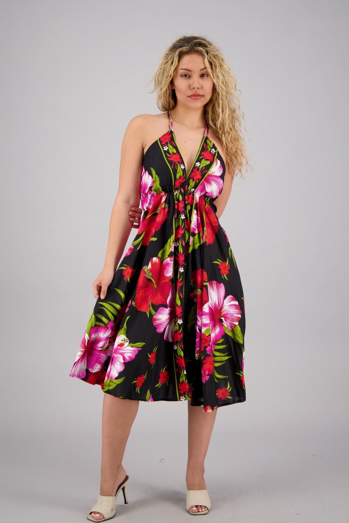 Floral Print Halter Top Scarf Dress 1973 - BLK - Advance Apparels Inc