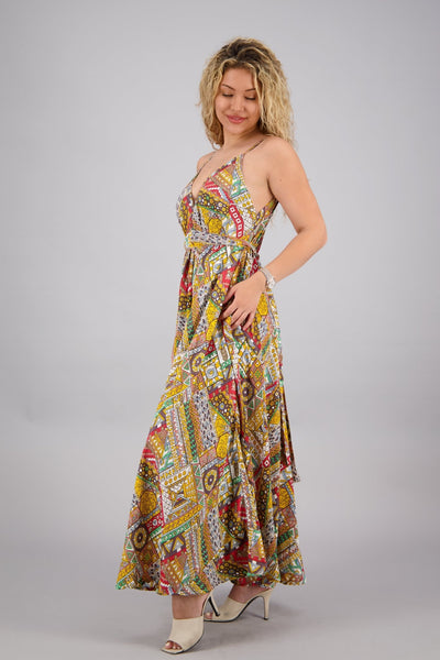 Geo Ethnic Print Silk Maxi Dress AB16070 - Advance Apparels Inc