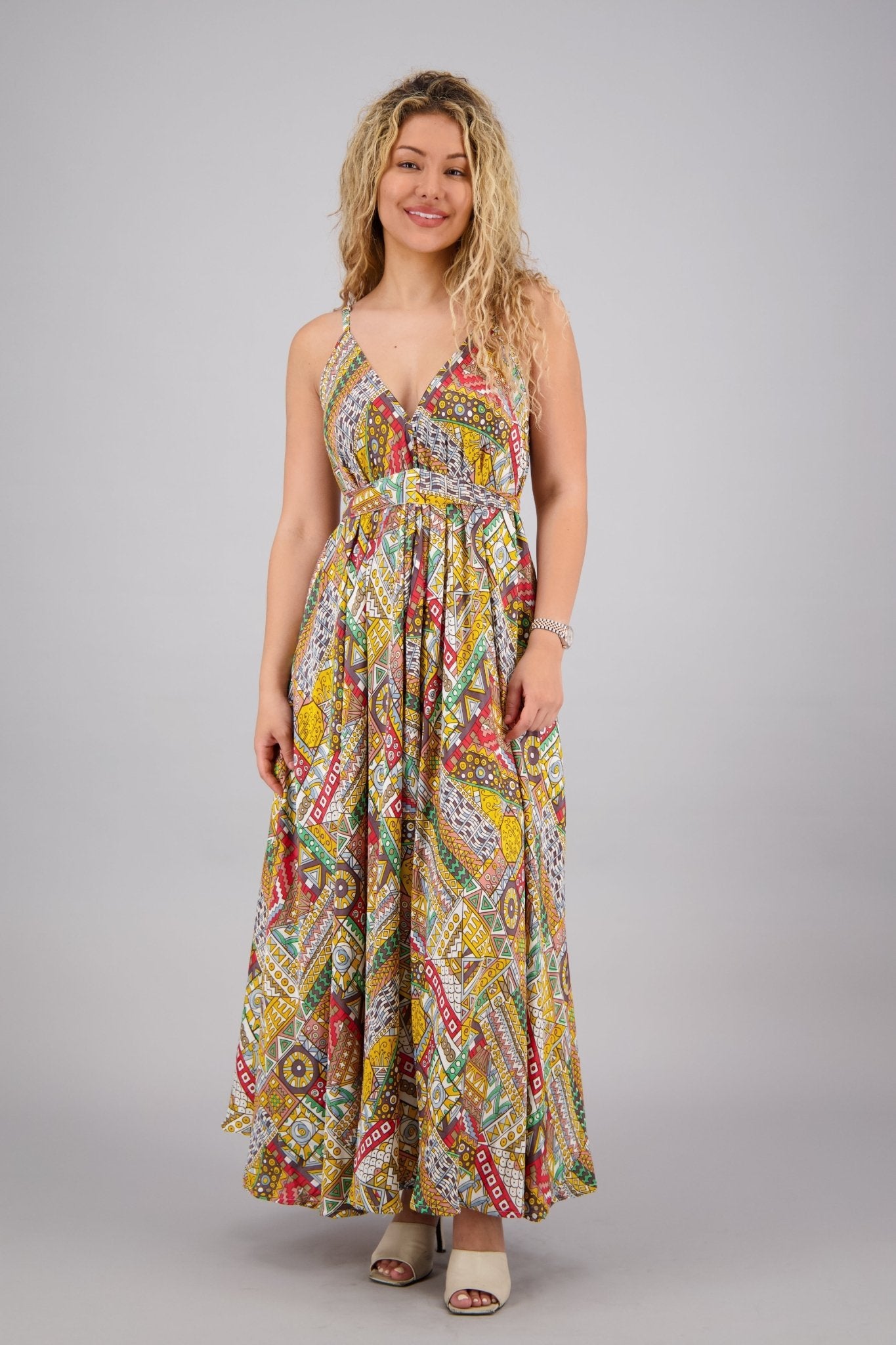 Geo Ethnic Print Silk Maxi Dress AB16070 - Advance Apparels Inc