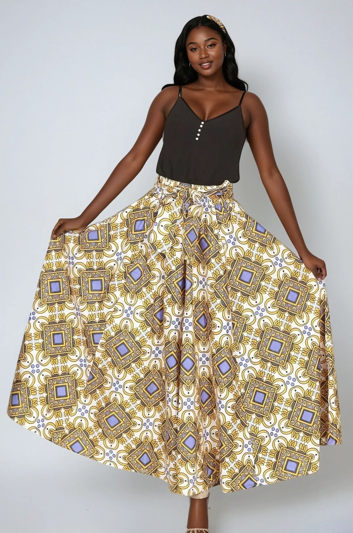 Gold African Print Wax Print Skirt One Size Fits Most Headwrap Included Elastic Waist Pockets 16317 - 617 - Advance Apparels Inc