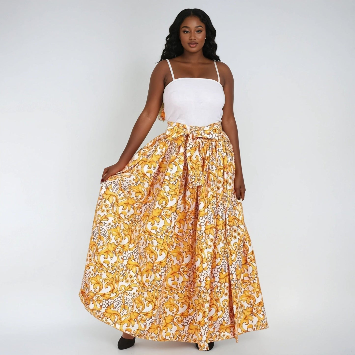 Gold Floral Print Ankara Long Maxi Skirt Elastic Waist 16317 - 97 - Advance Apparels Inc