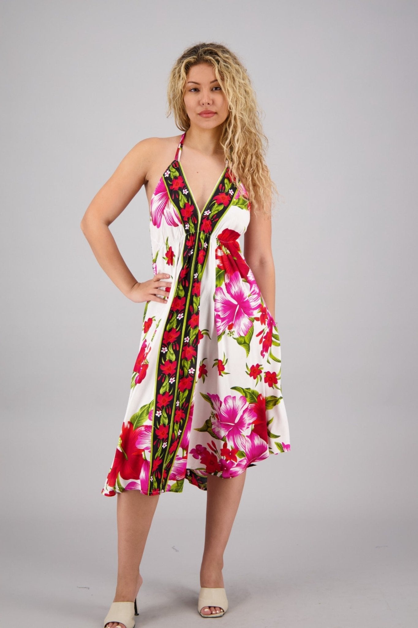 Halter Top Floral Print Scarf Dress 1973 - WHT - Advance Apparels Inc
