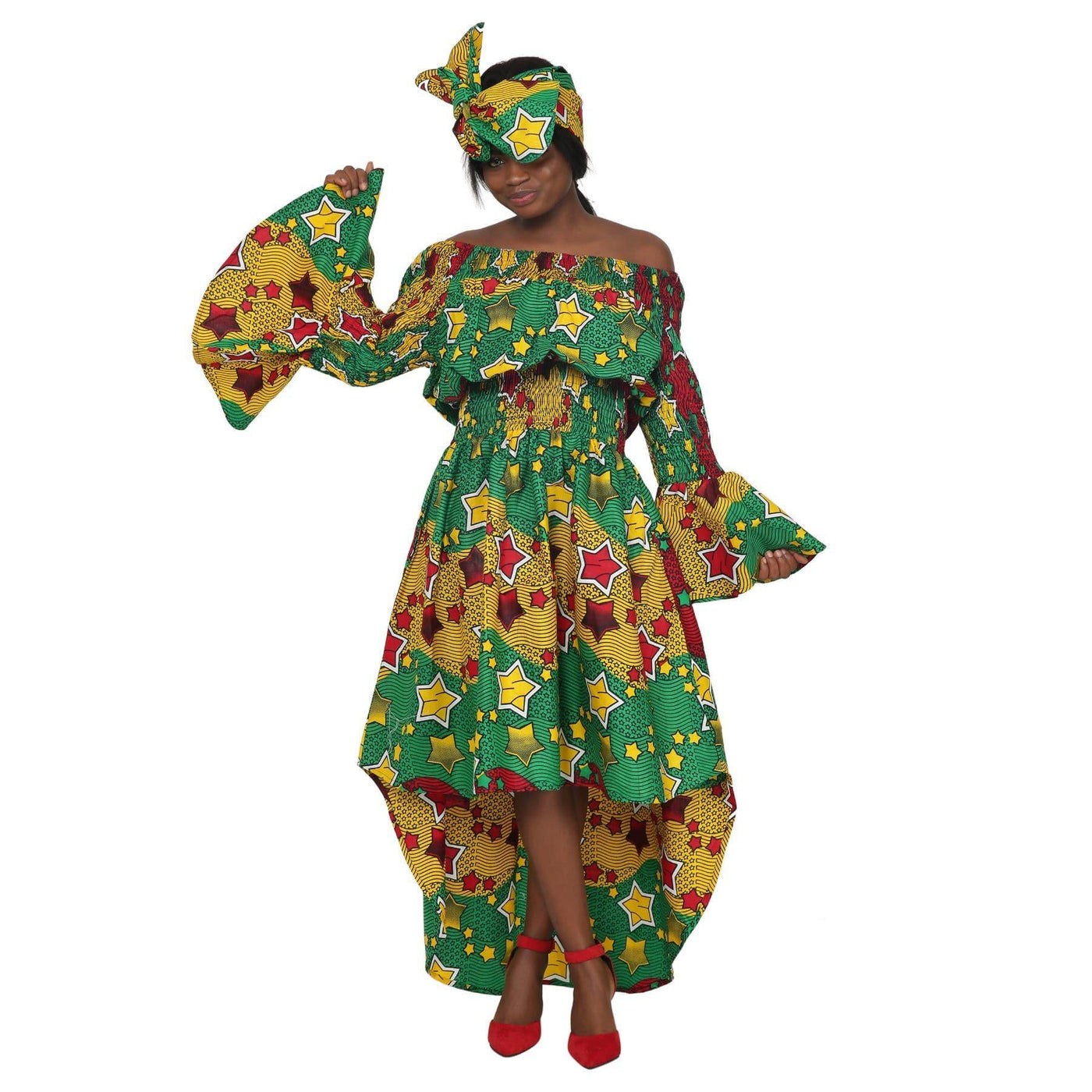 Hi-Lo African Print Off Shoulder Dress One Size Fits Most AD2282-98 - Advance Apparels Inc