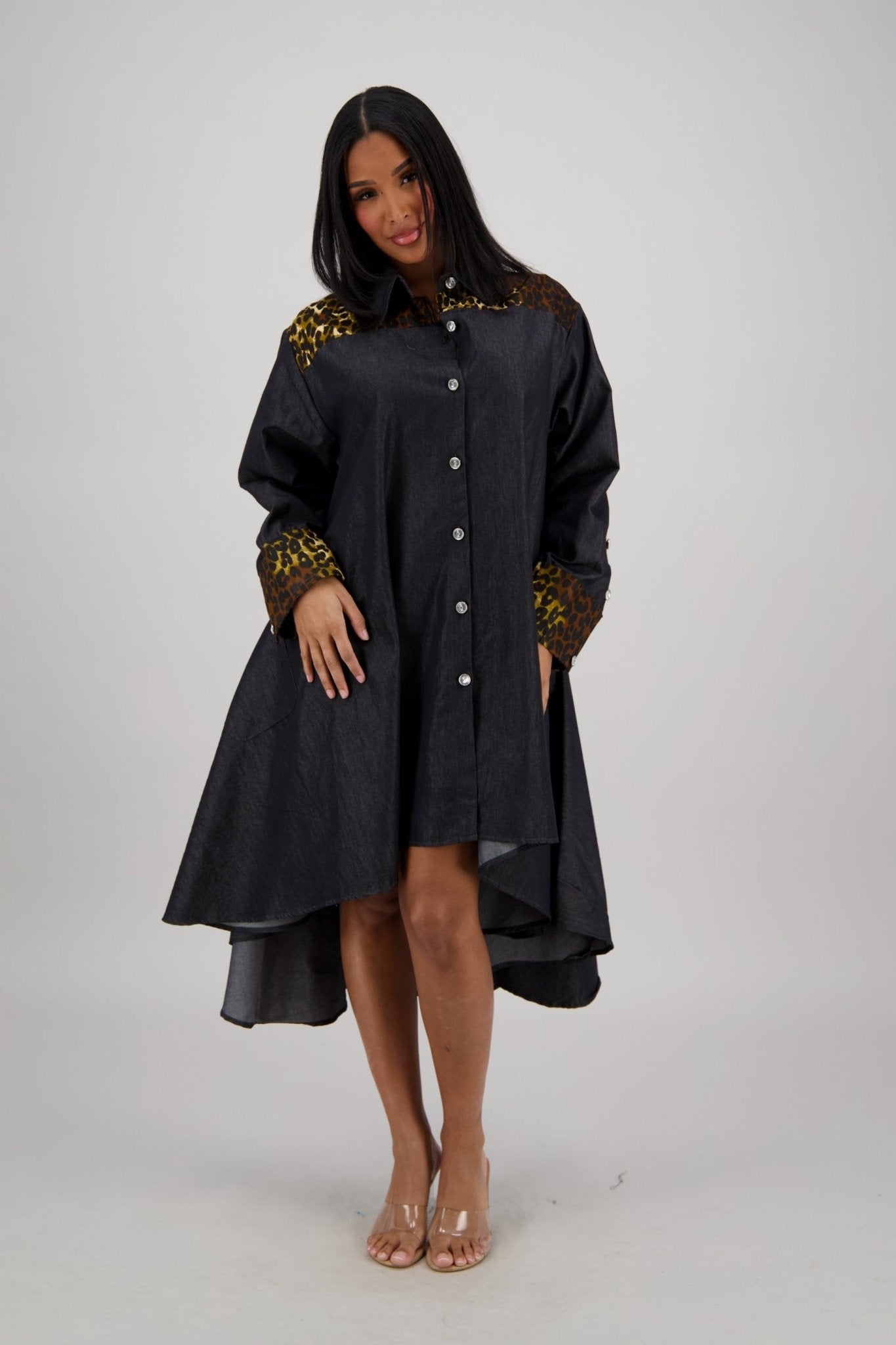 Hi - Lo Black Denim Dress with Leopard Details AD - 25094 - Advance Apparels Inc