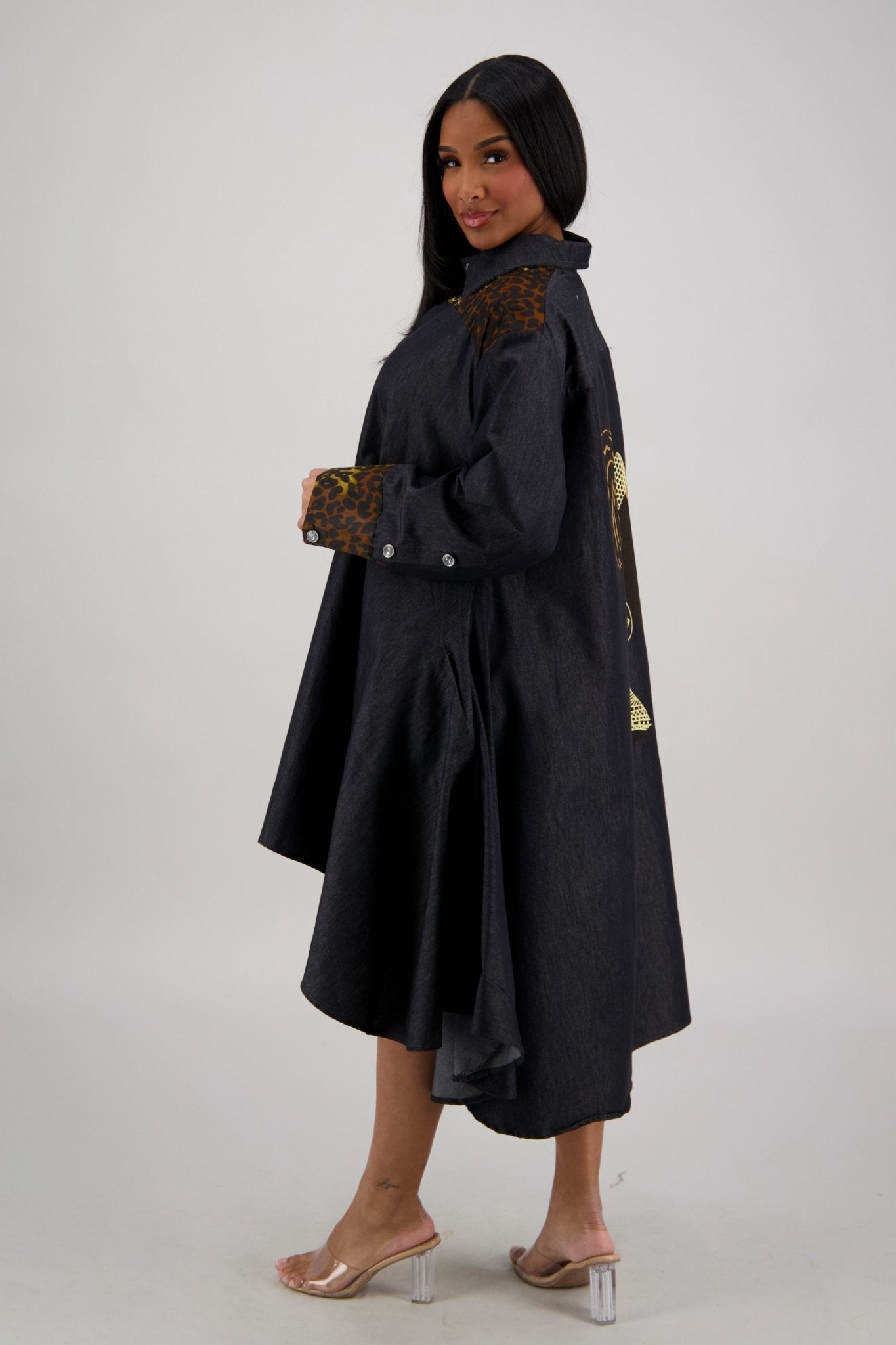 Hi - Lo Black Denim Dress with Leopard Details AD - 25094 - Advance Apparels Inc