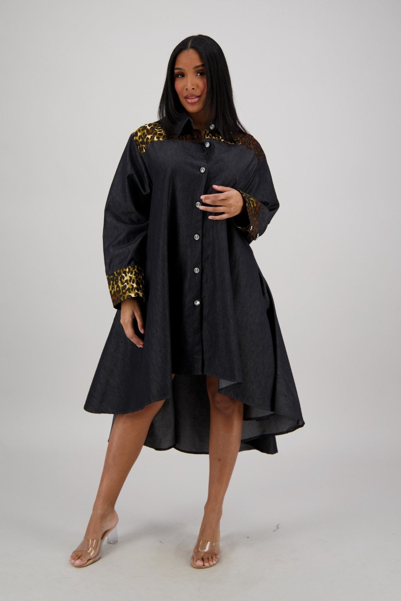 Hi - Lo Black Denim Dress with Leopard Details AD - 25094 - Advance Apparels Inc