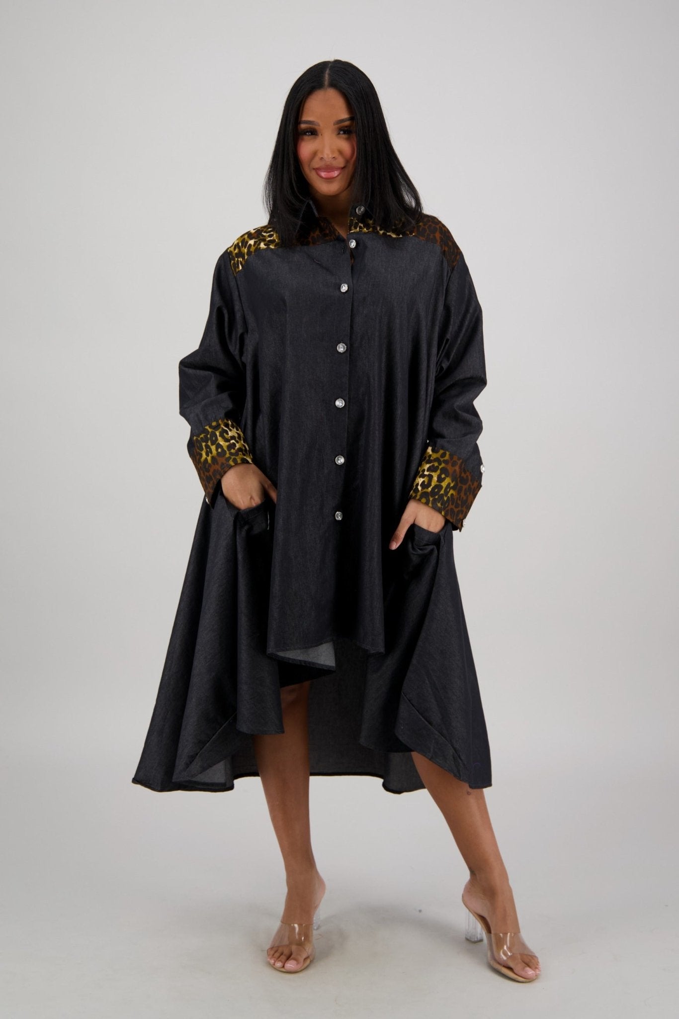 Hi - Lo Black Denim Dress with Leopard Details AD - 25094 - Advance Apparels Inc