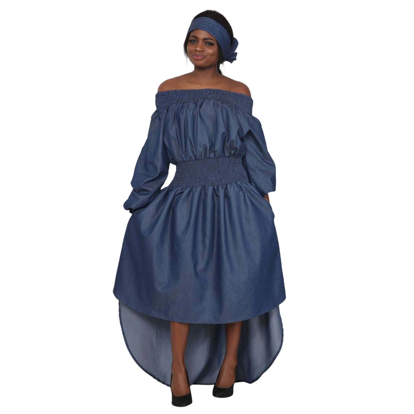 Hi Low Denim Ankara Dress 2279 - BlueDenim - Advance Apparels Inc