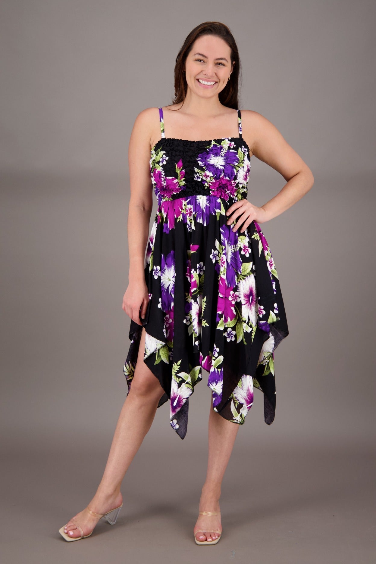 Floral Print Handkerchief Bottom Dress - Perfect Floral Beach & Vacation Dress | Advance Apparels Black/Purple / One Size Fits Most Floral Print Handkerchief Bottom Dress - Perfect Floral Beach & Vacation Dress | Advance Apparels Black/Purple / One Size Fits Most