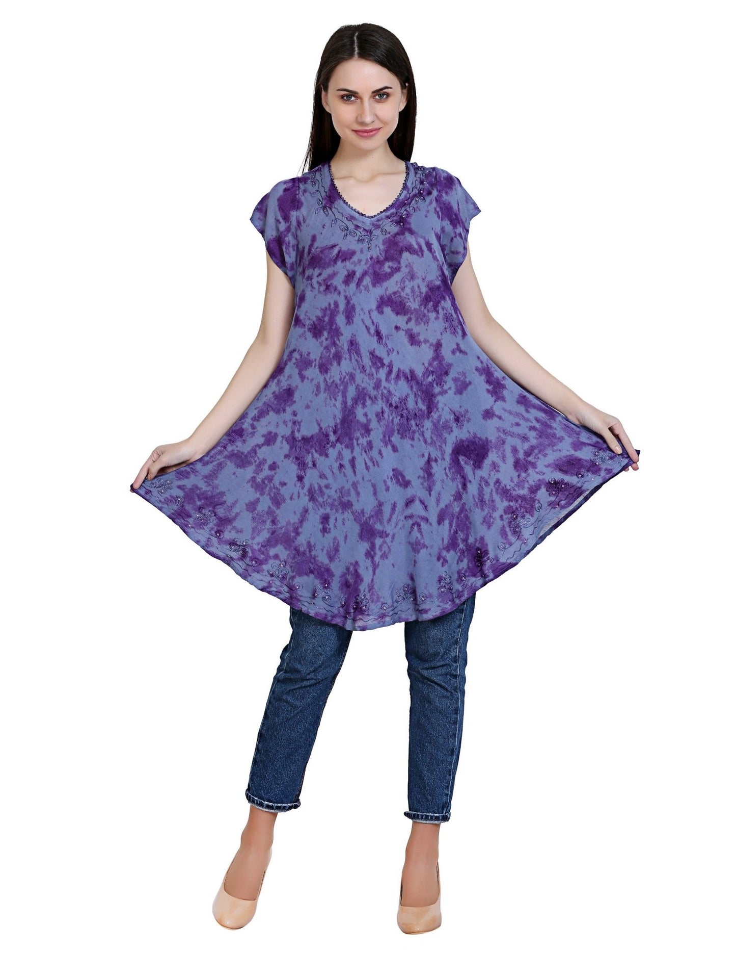 Long - Length Tie Dye Cap Sleeve Blouse 19226 - Advance Apparels Inc