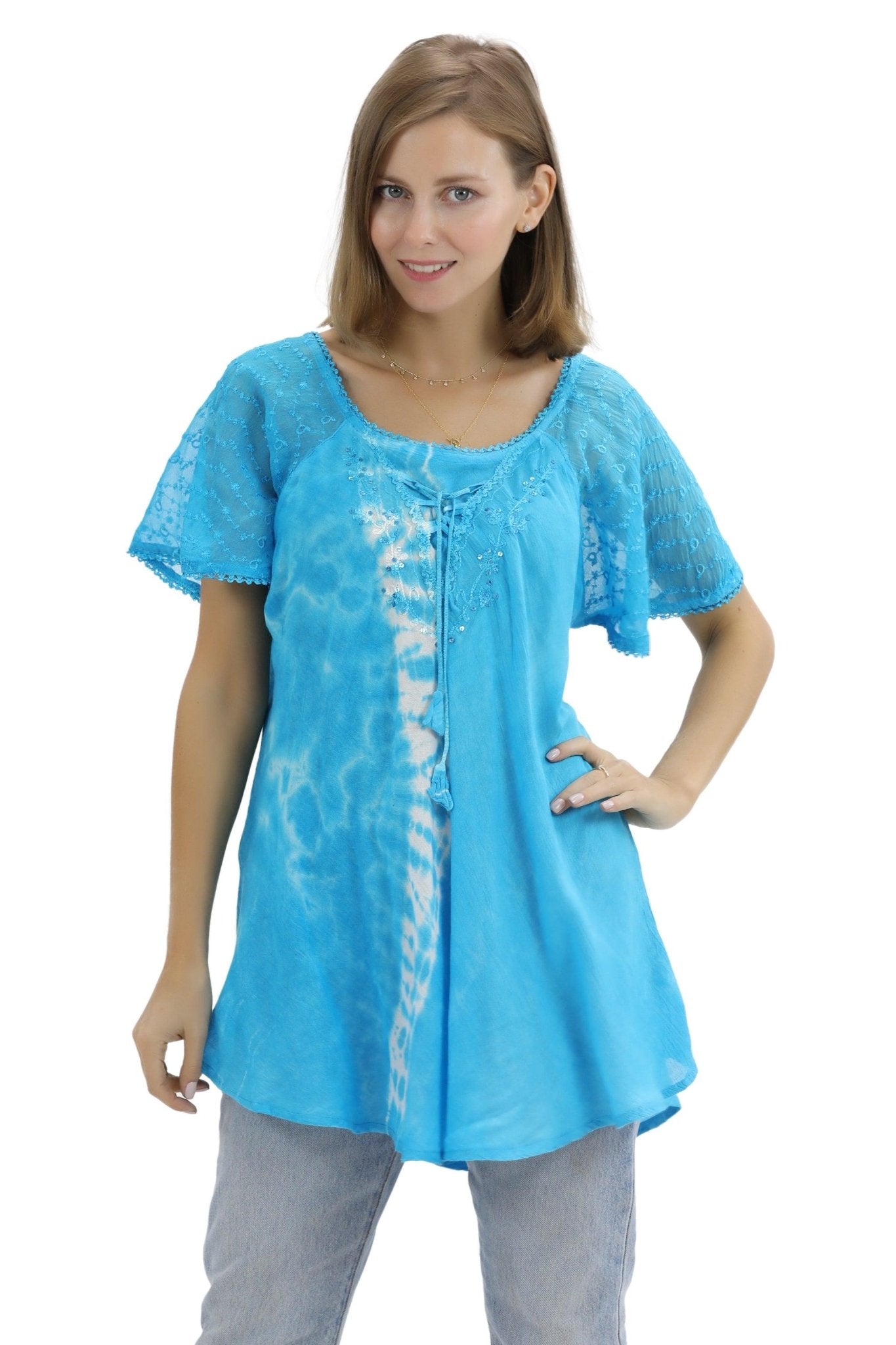 Ocean Tide Tie-Dye Cap Sleeve Blouse 18718 - Advance Apparels Inc