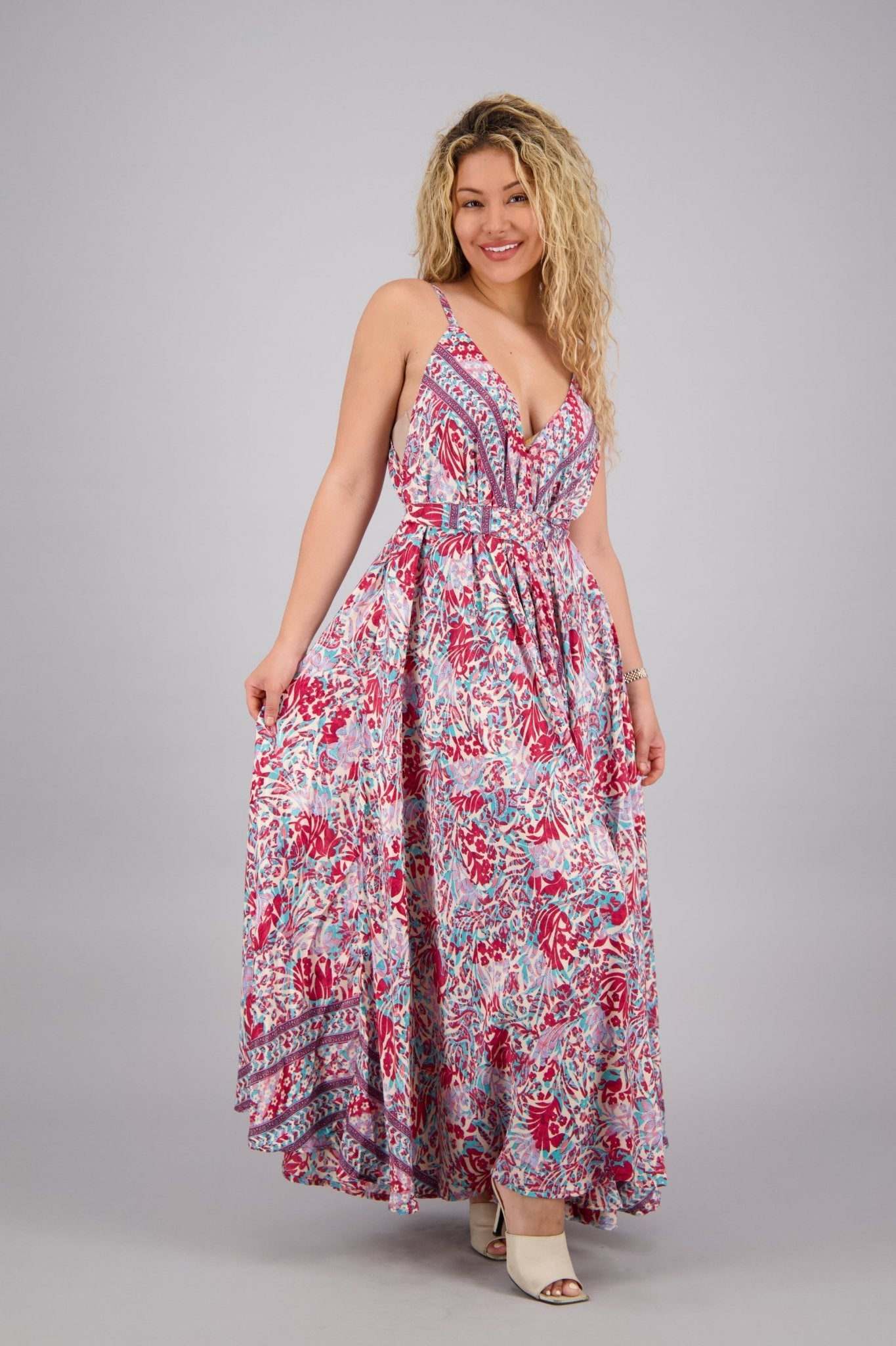 Pastel Floral Print Silk Maxi Dress AB16073 - Advance Apparels Inc