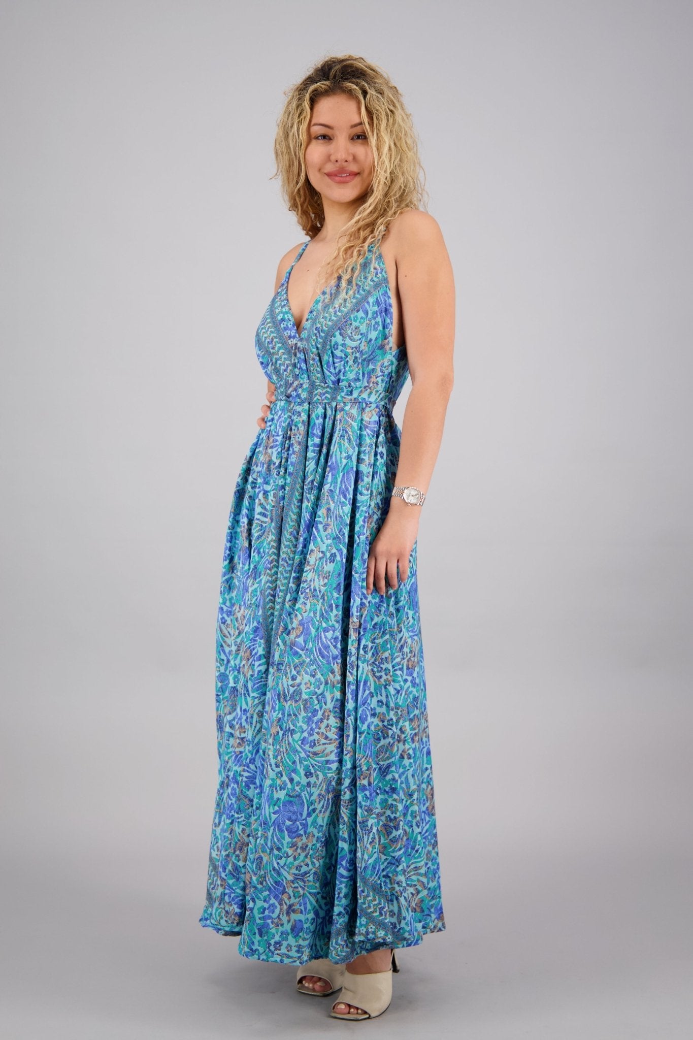 Pastel Floral Print Silk Maxi Dress AB16073 - Advance Apparels Inc
