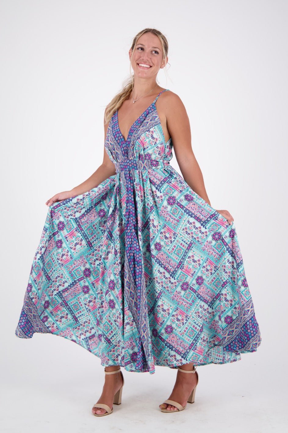 Pastel Geometric Print Silk Dress AB16078 - Advance Apparels Inc