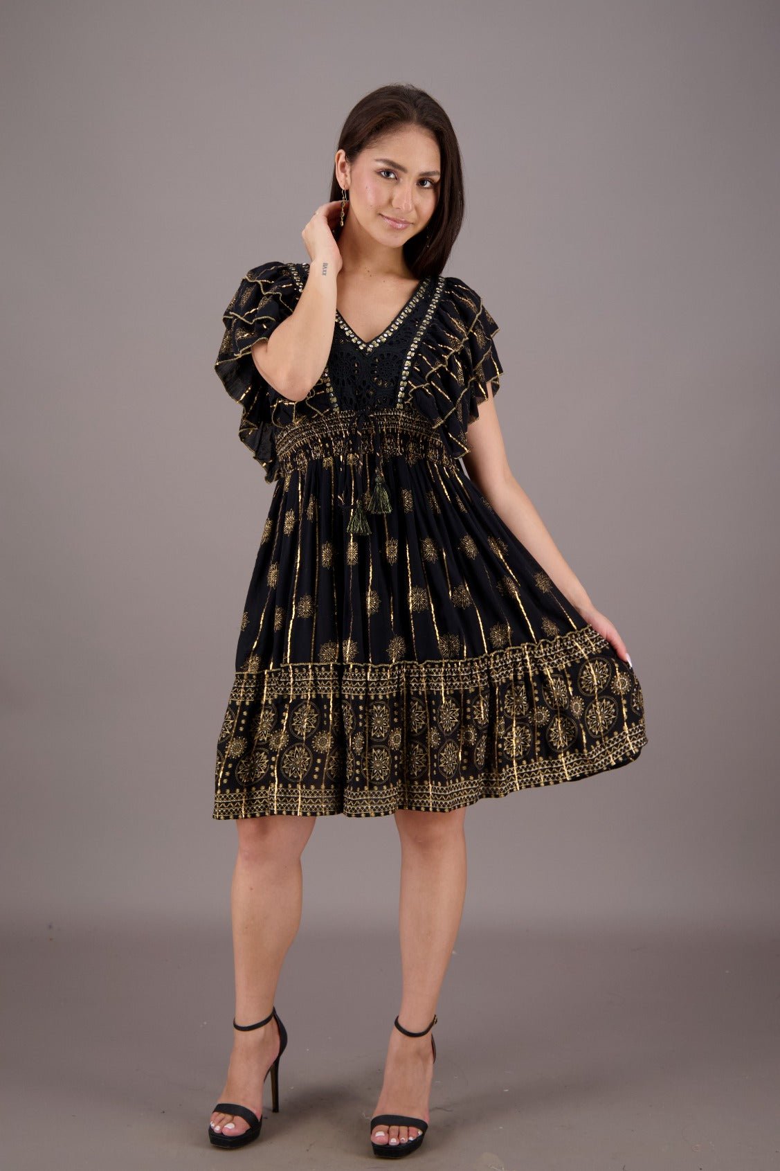 Black Mini Dress with Ruffled Sleeves and Gold Prints Advance Apparels Inc Black Mini Dress with Ruffled Sleeves and Gold Prints Advance Apparels Inc