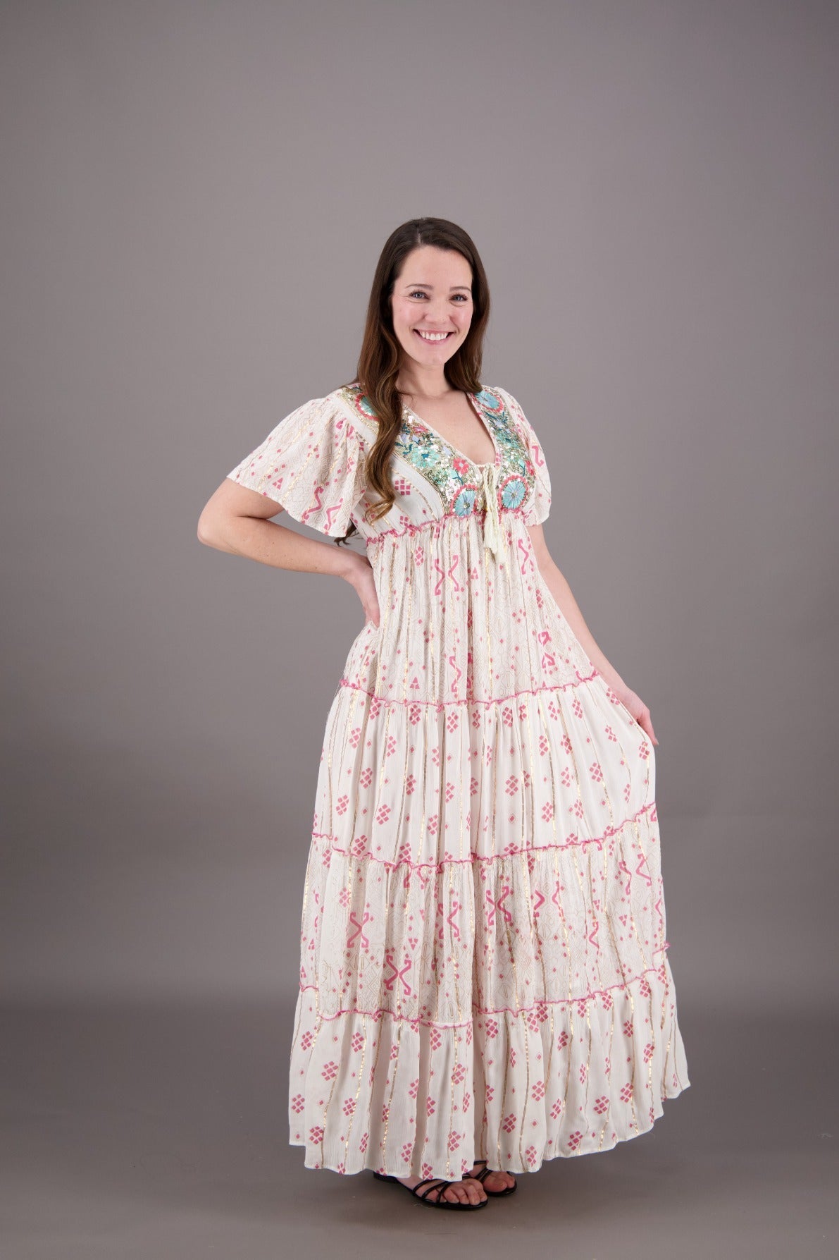Sequin Glamour Tropical Maxi Dress 24921 Pink / S/M Sequin Glamour Tropical Maxi Dress 24921 Pink / S/M