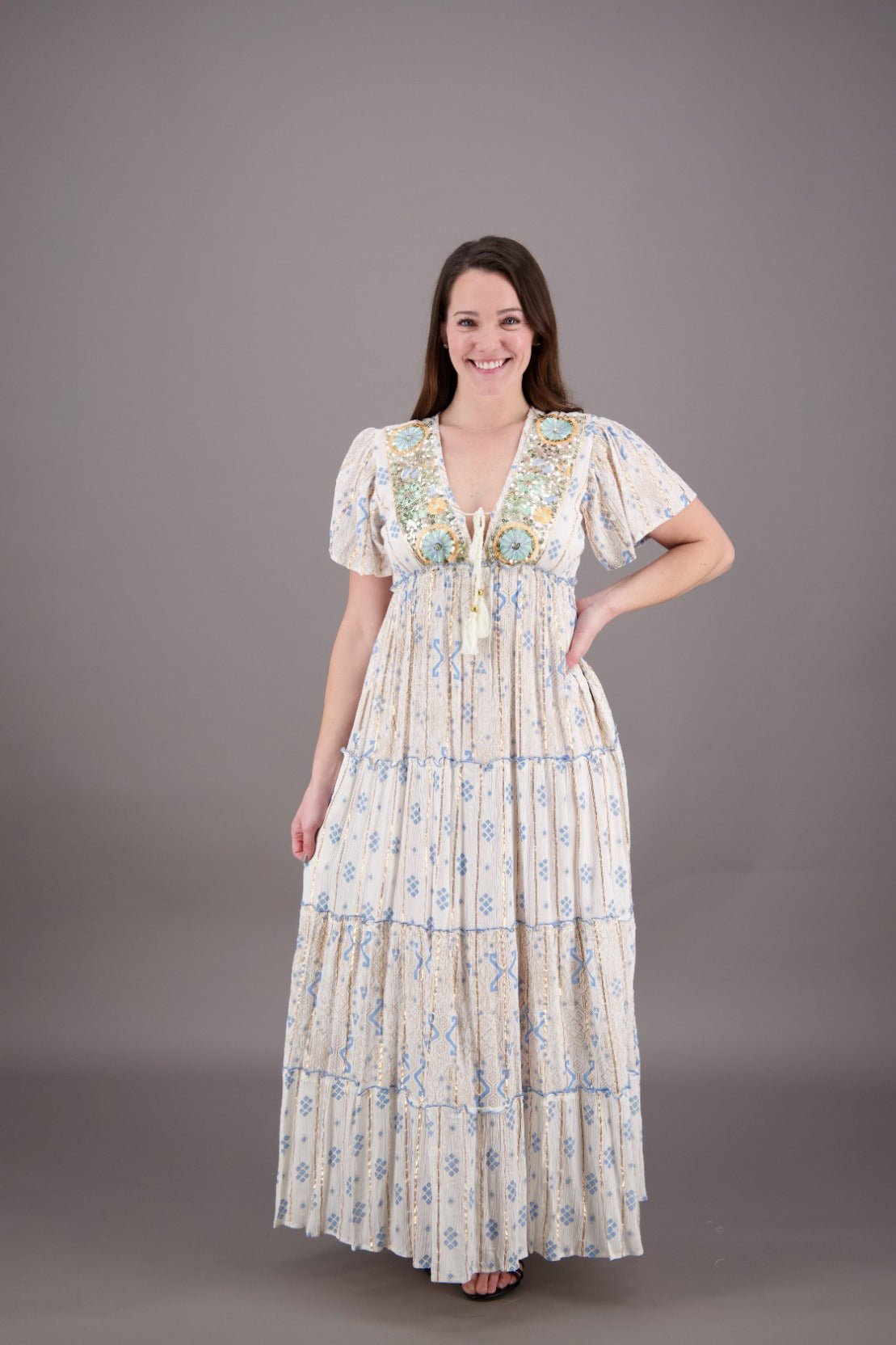 Sequin Glamour Tropical Maxi Dress 24921 - Advance Apparels Inc